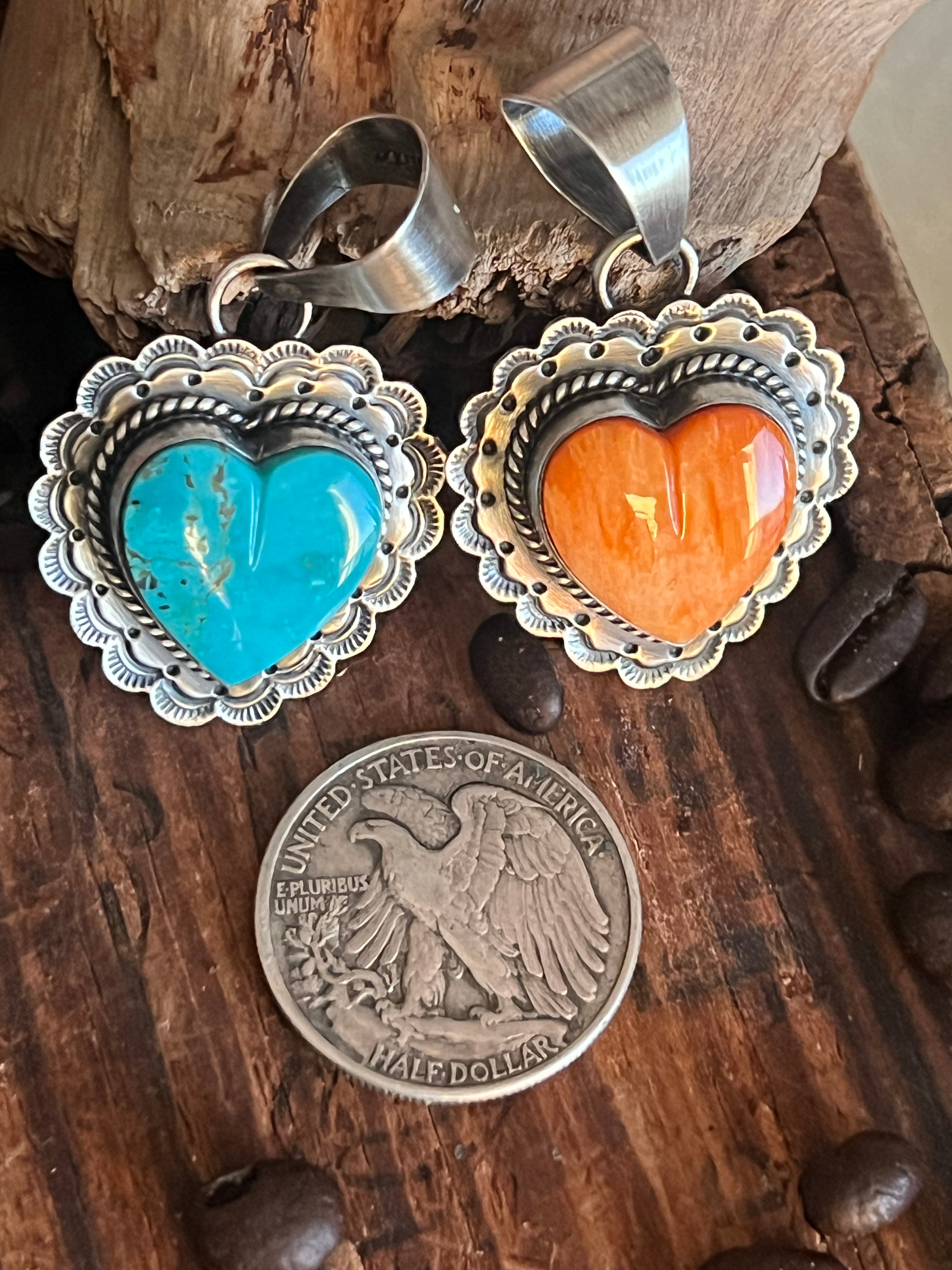Hand Stamped Sterling Silver & Kingman Turquoise or Spiny Oyster Heart Pendants by June Delgarito