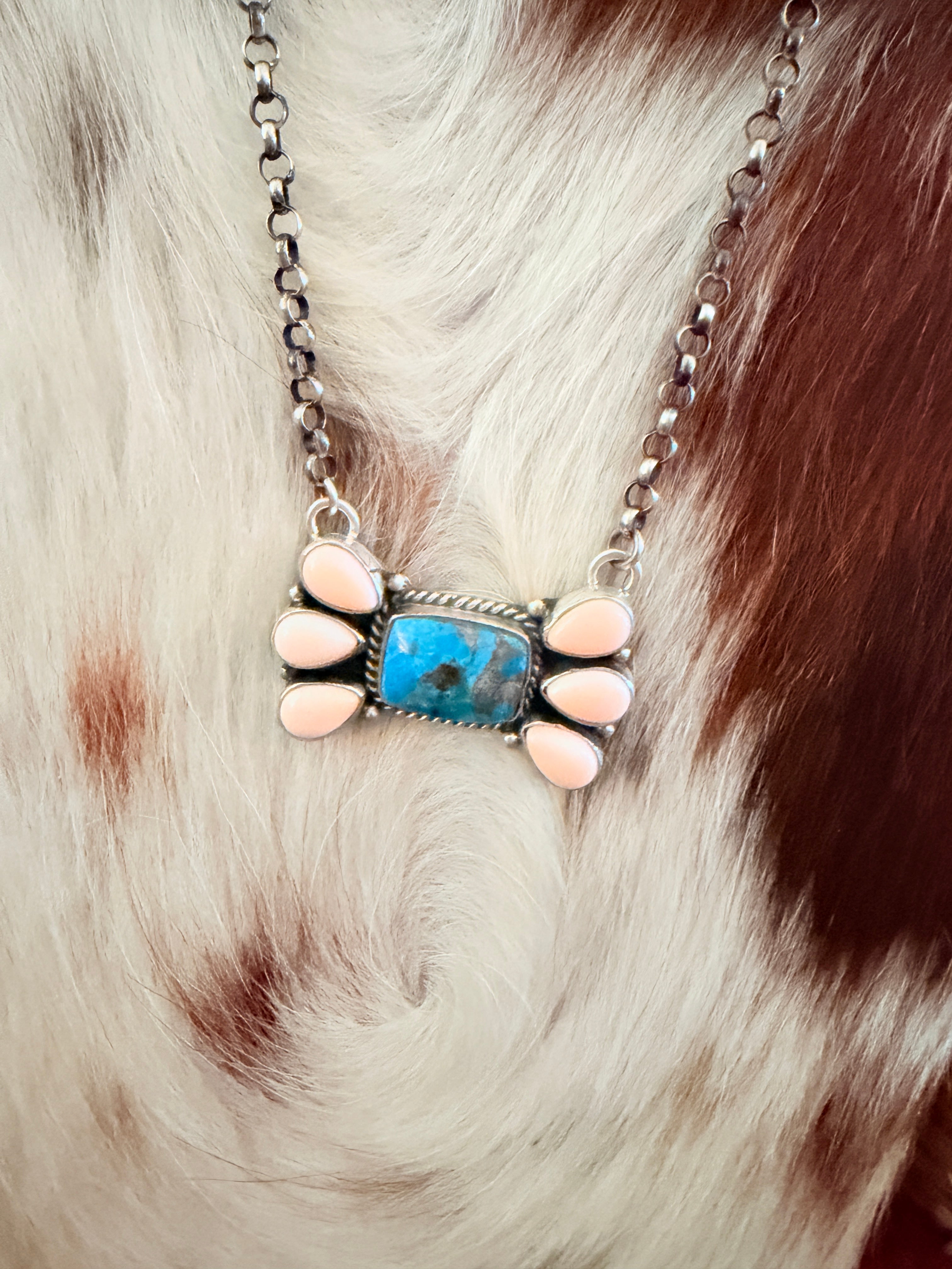 Handcrafted Queen Pink Conch, Turquoise & Sterling Silver Necklace