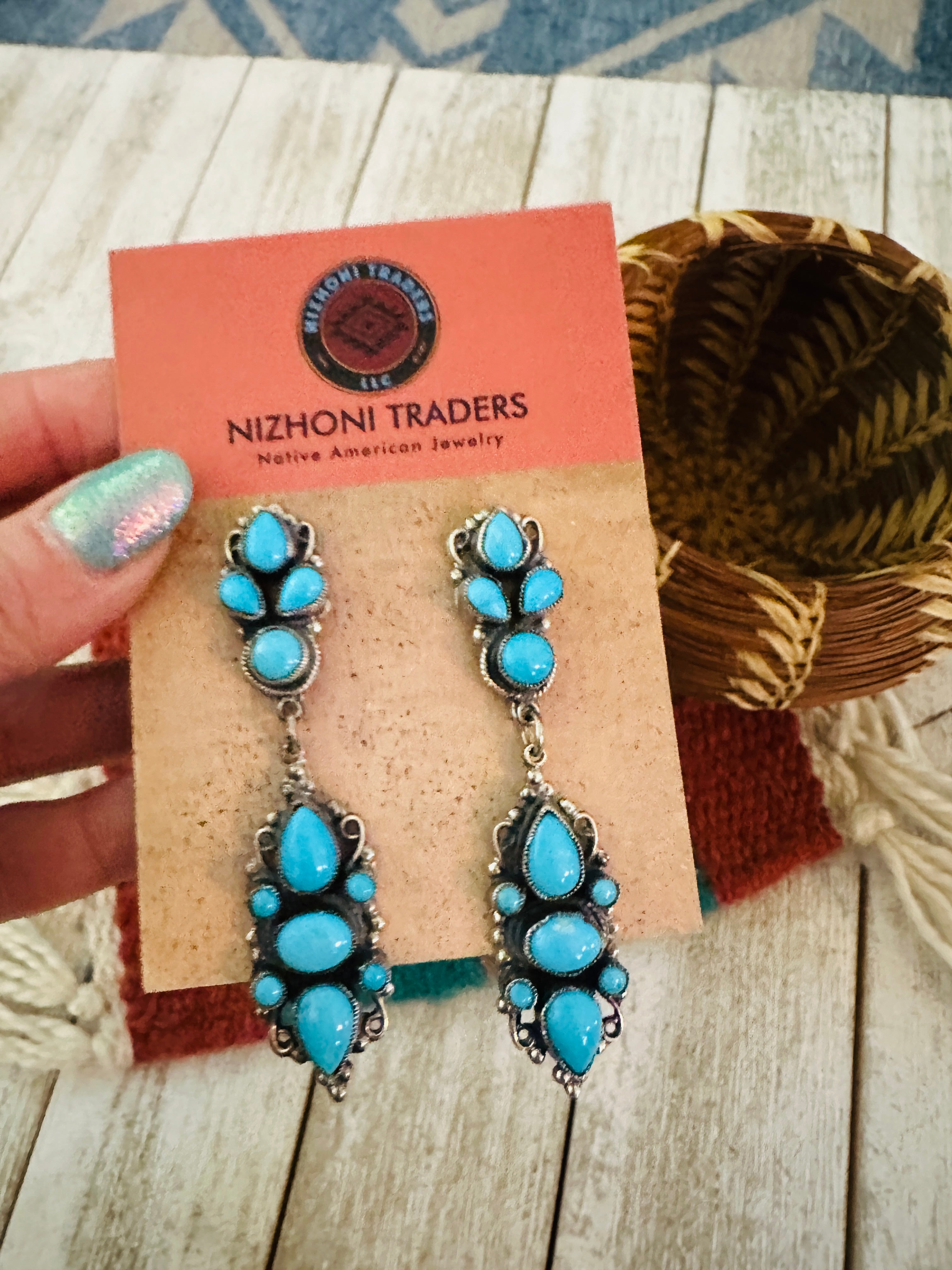 Navajo Sterling Silver & Sleeping Beauty Turquoise Cluster Dangle Earrings