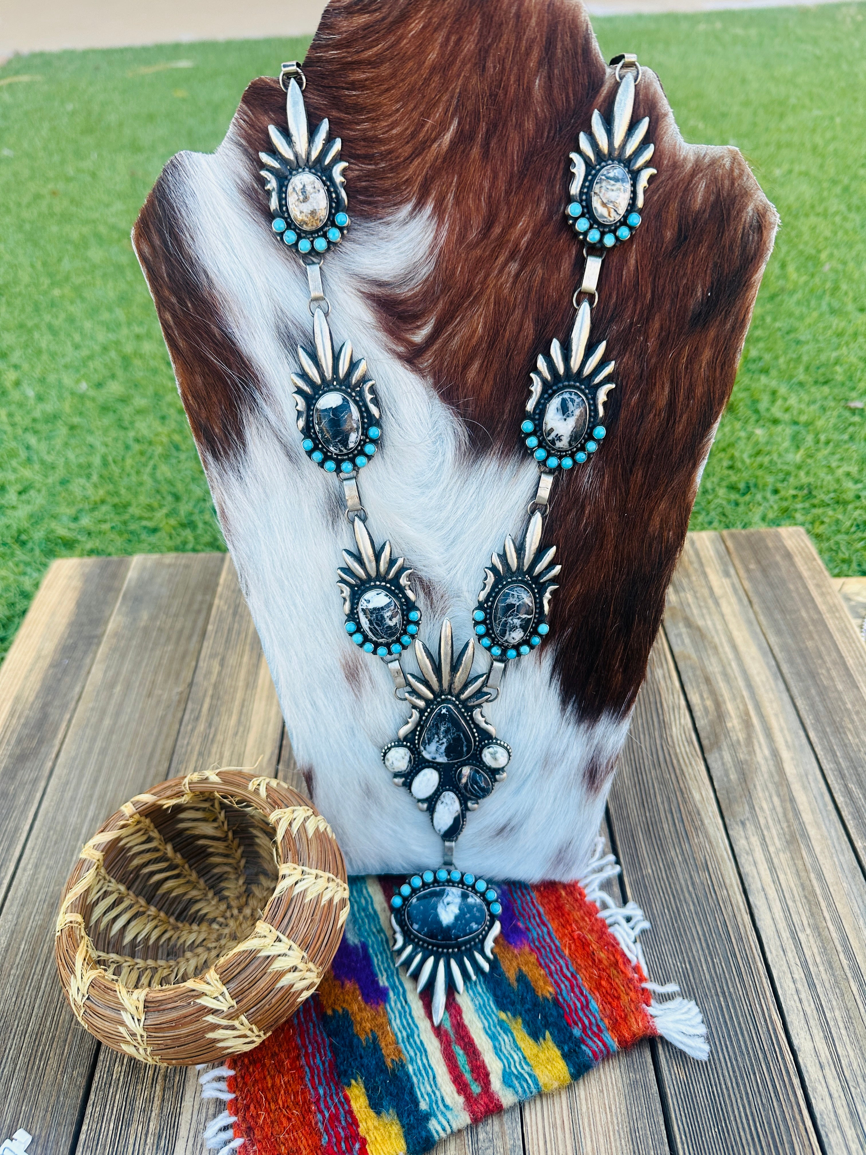 Handcrafted White Buffalo, Turquoise & Sterling Silver Necklace by Shawn Cayatineto