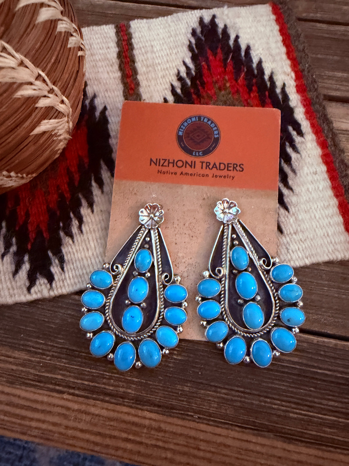 Handcrafted Turquoise & Sterling Silver Cluster Dangle Earrings by Pearlene Spencer