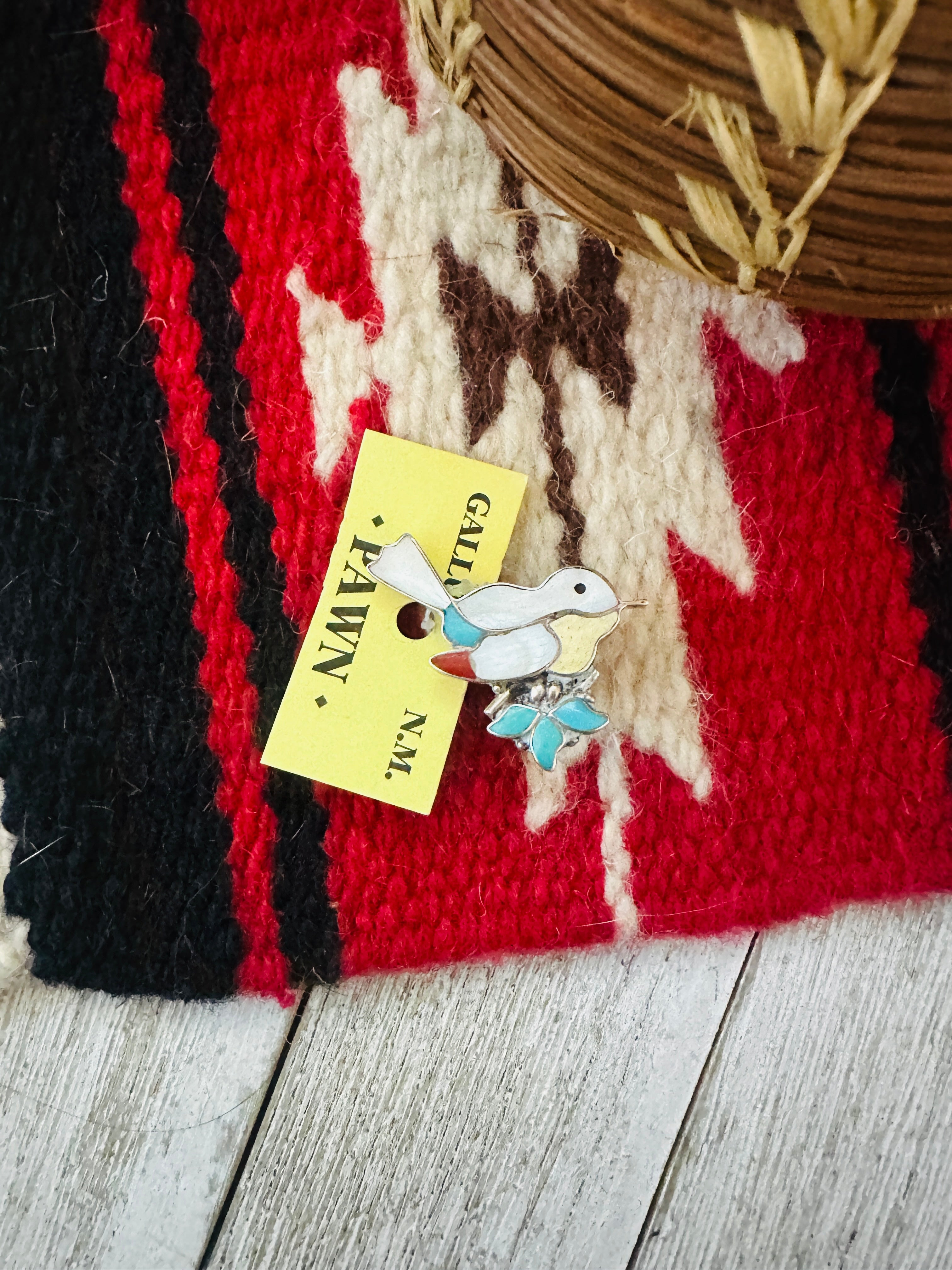 Vintage Old Pawn Multi Stone & Sterling Silver Inlay Bird Brooch/ Pendant