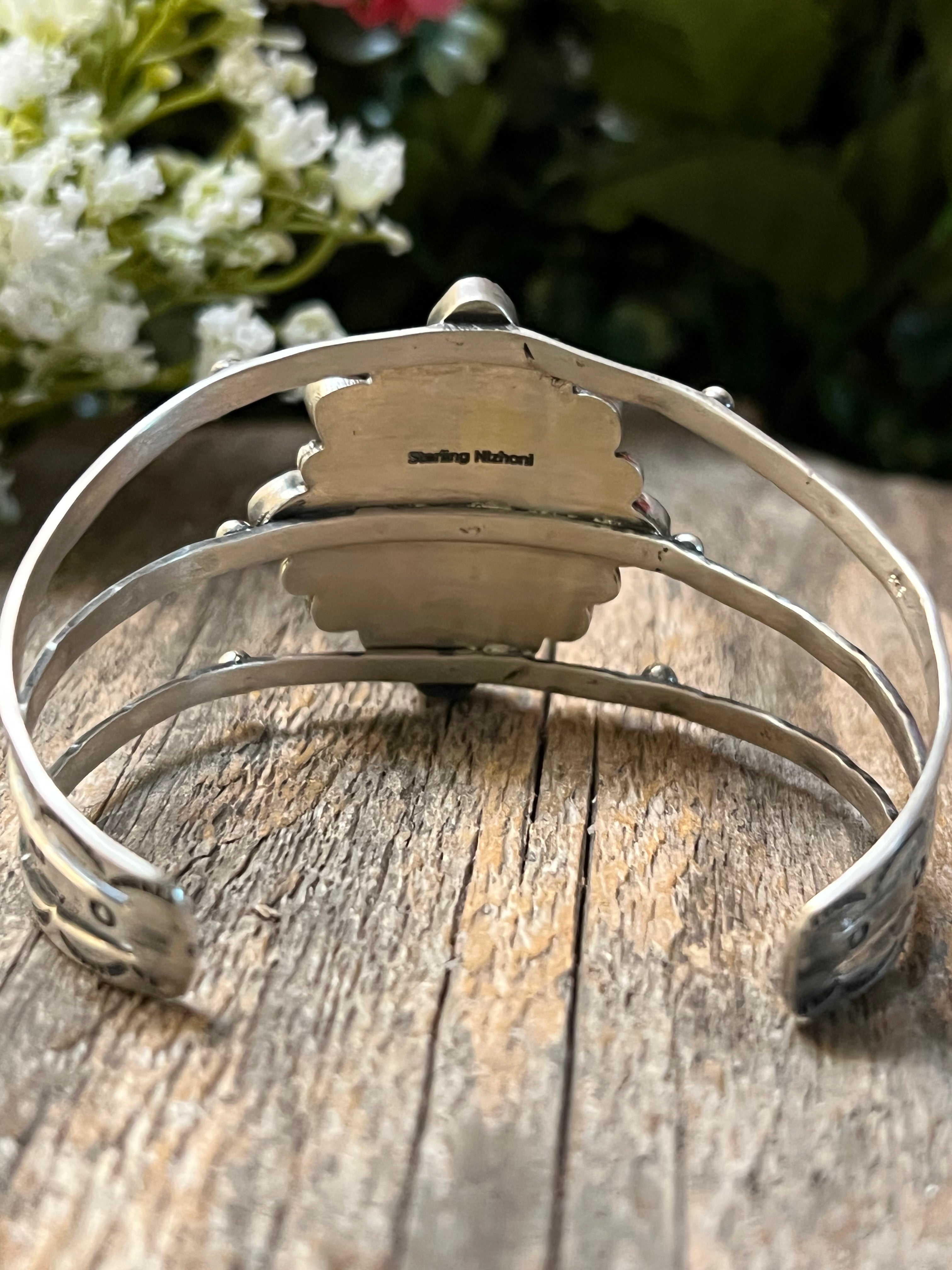 Handmade Golden Hills Turquoise Cluster Sterling Silver Cuff Bracelet (02)