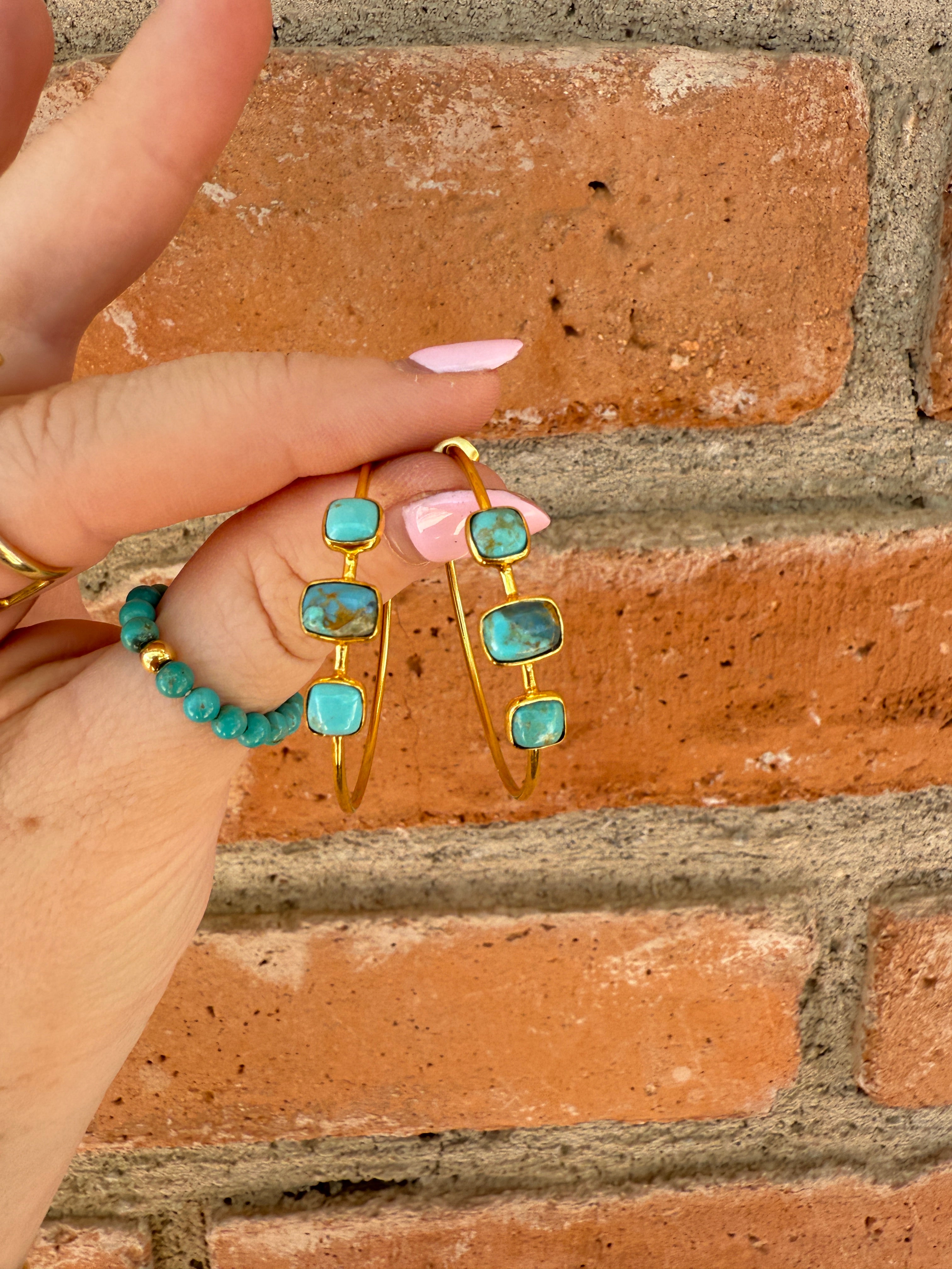 “The Golden Collection” Golden Hoops Handmade Turquoise & Gold Plated Hoop 3 Stone Earrings