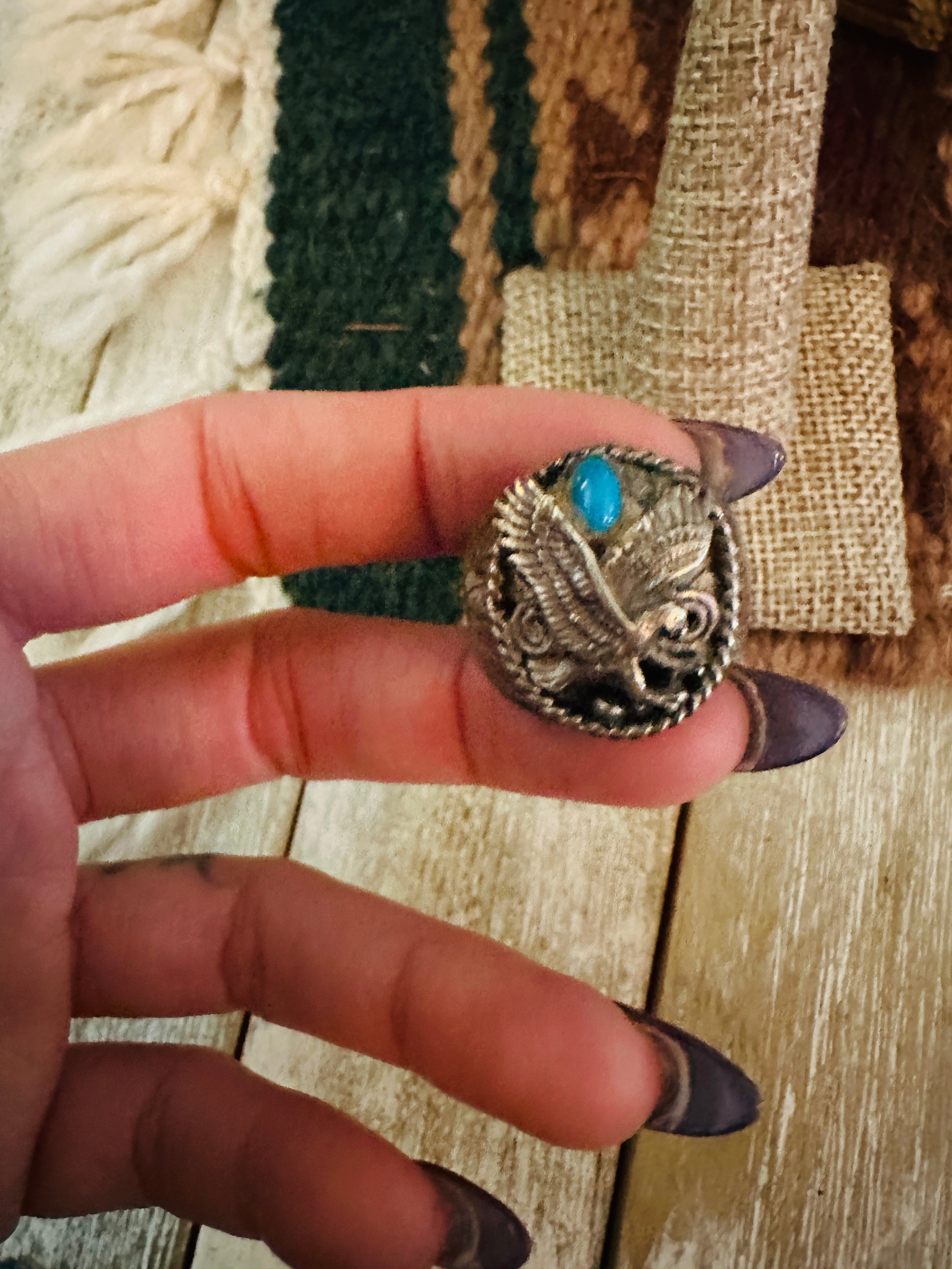 Old Pawn Handcrafted Turquoise & Sterling Silver Eagle Ring Size 8