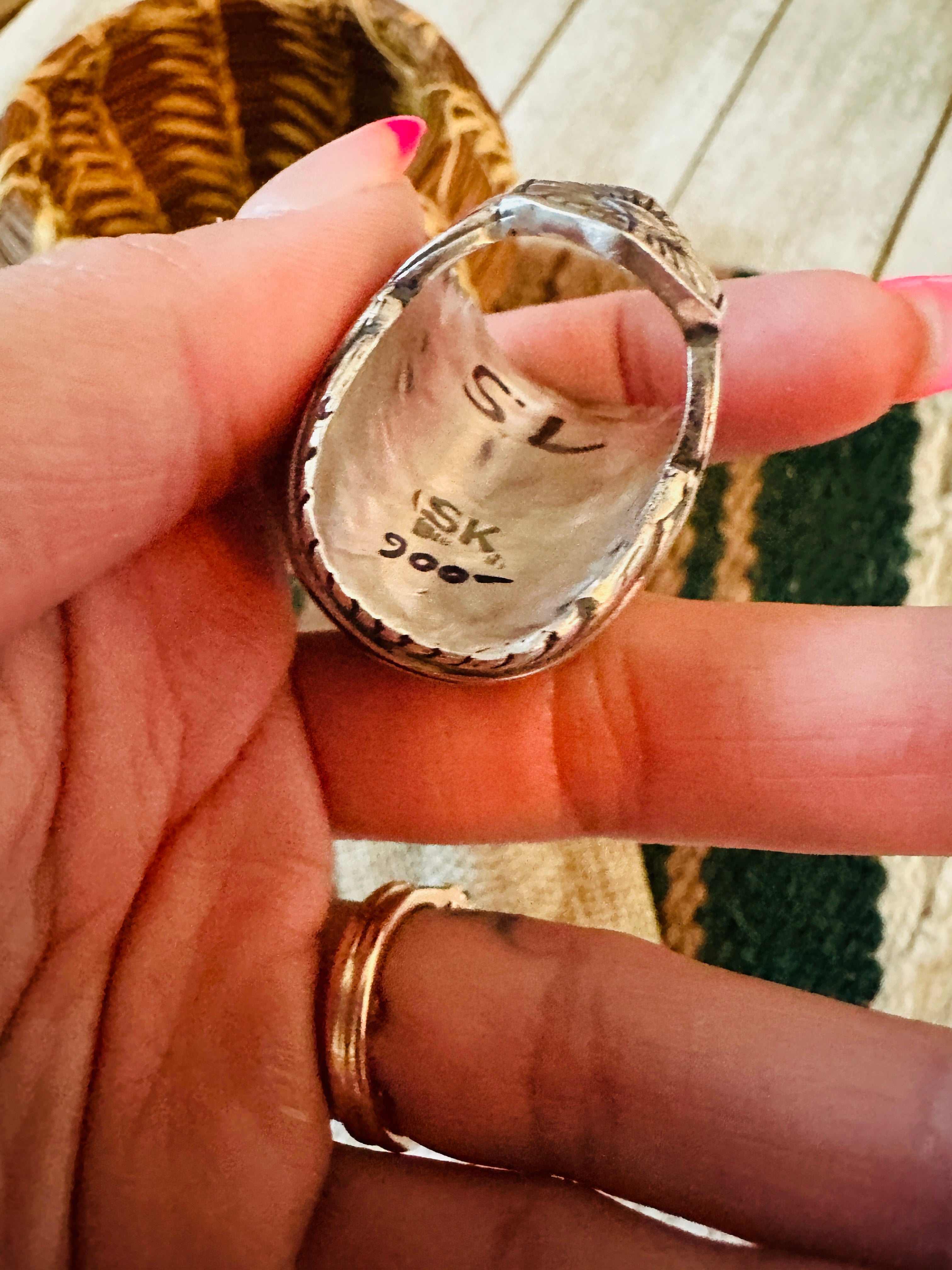 Old Pawn Handcrafted Sterling Silver & Kingman Web Turquoise Men’s Ring Size 7.5