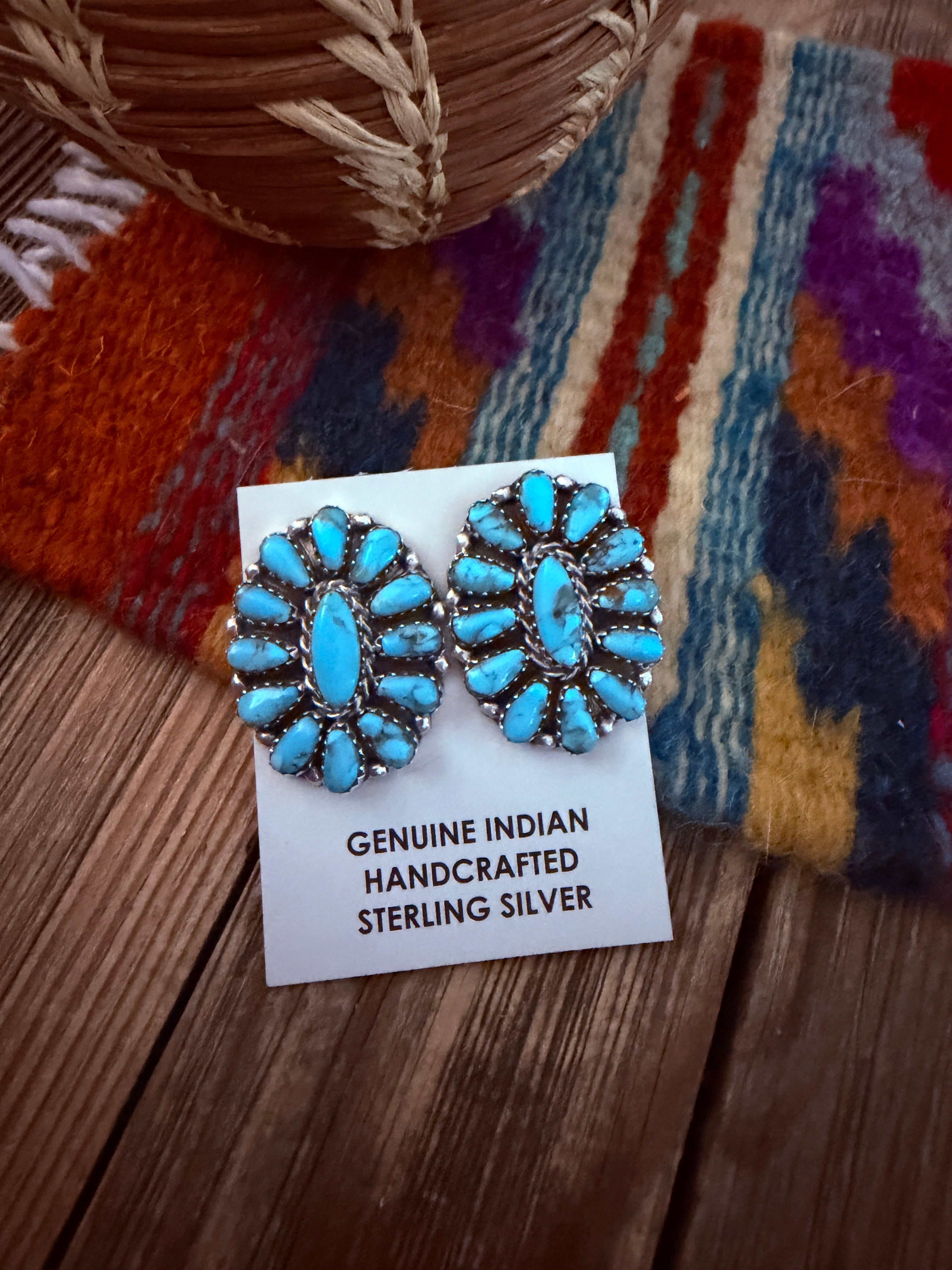 Handcrafted Turquoise & Sterling Silver Cluster Post Earrings by Leander Nez
