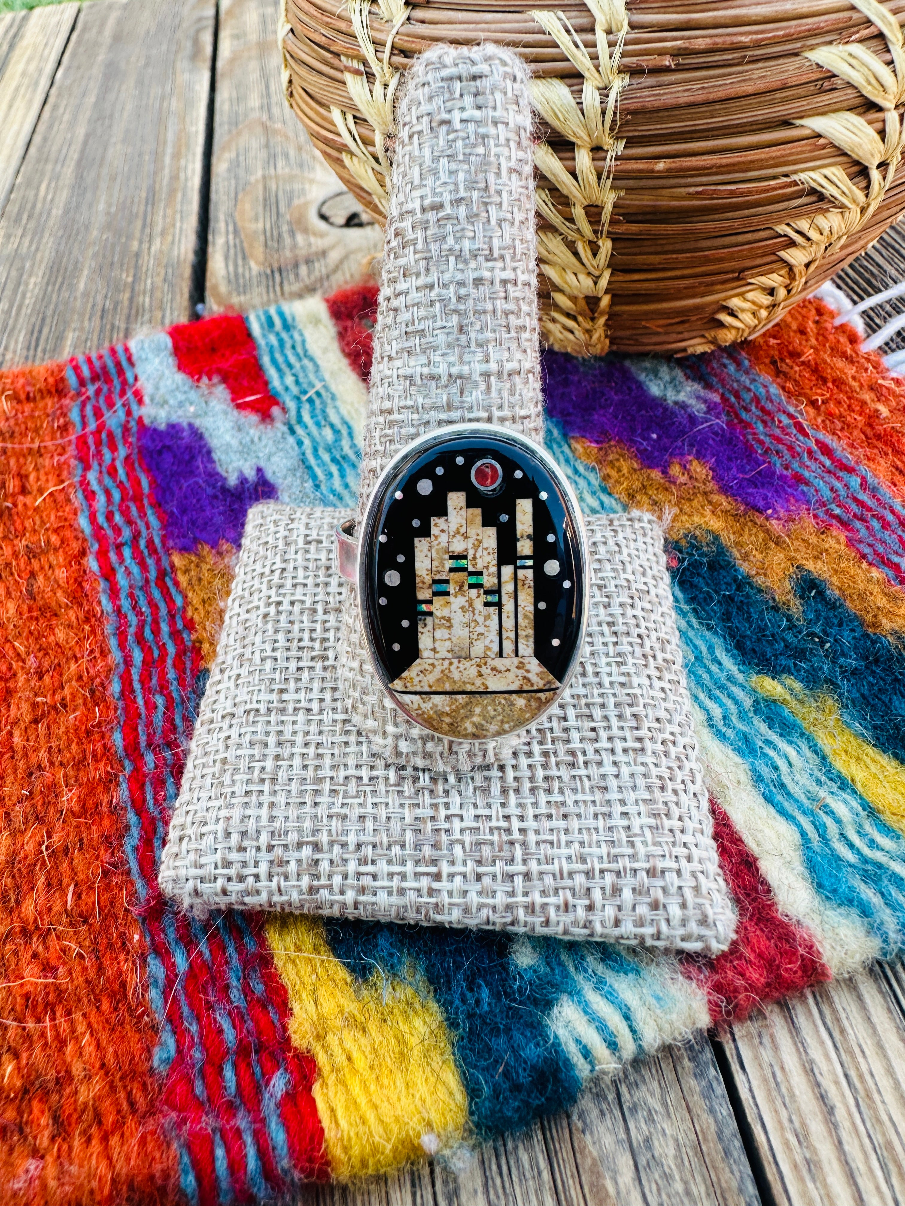 Handcrafted Multi Stone & Sterling Silver Inlay Adjustable Ring by Matthew Jack