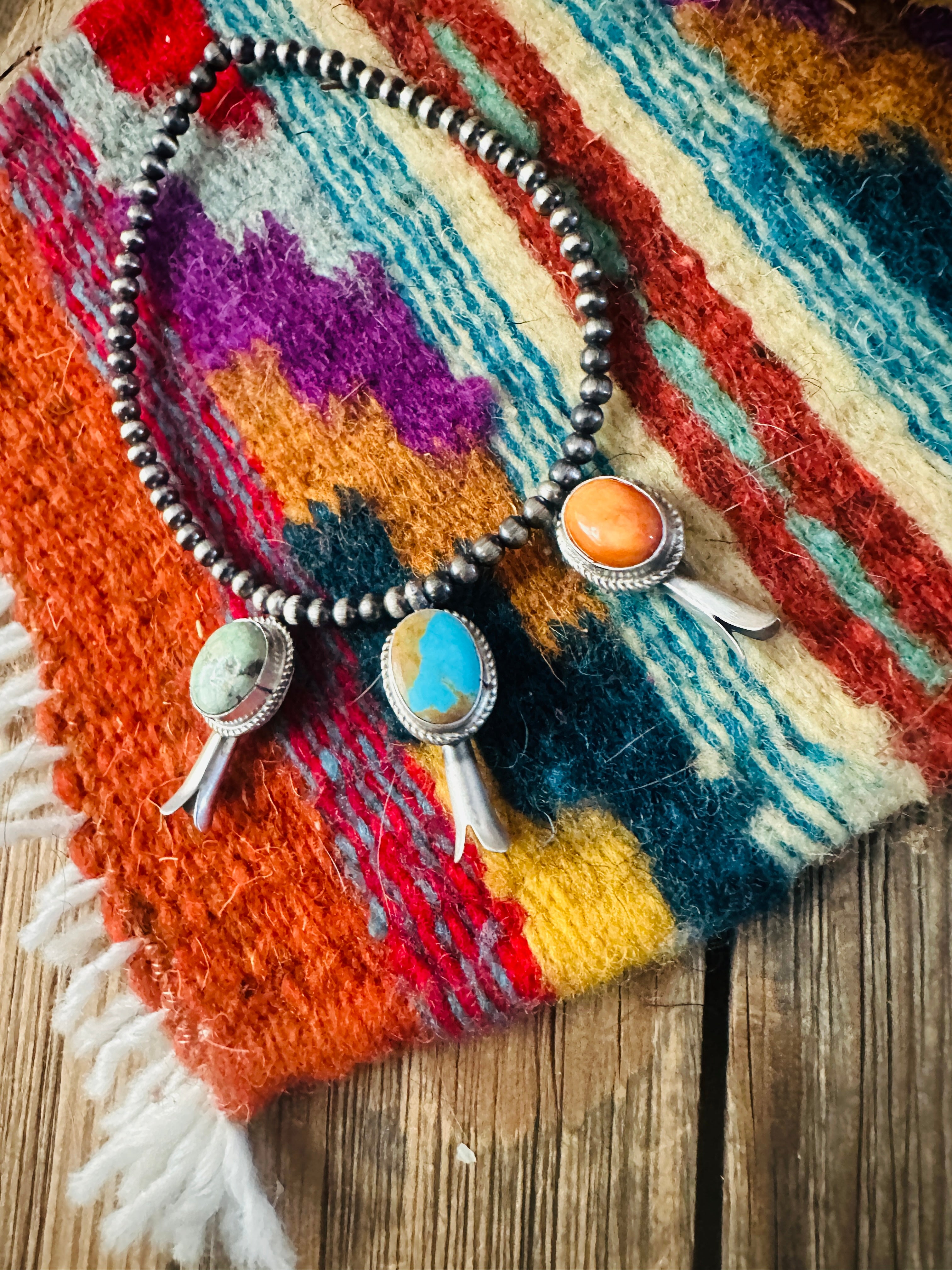 Handcrafted 3mm Sterling Silver Pearl, Turquoise & Spiny Oyster Blossom Stretch Bracelet