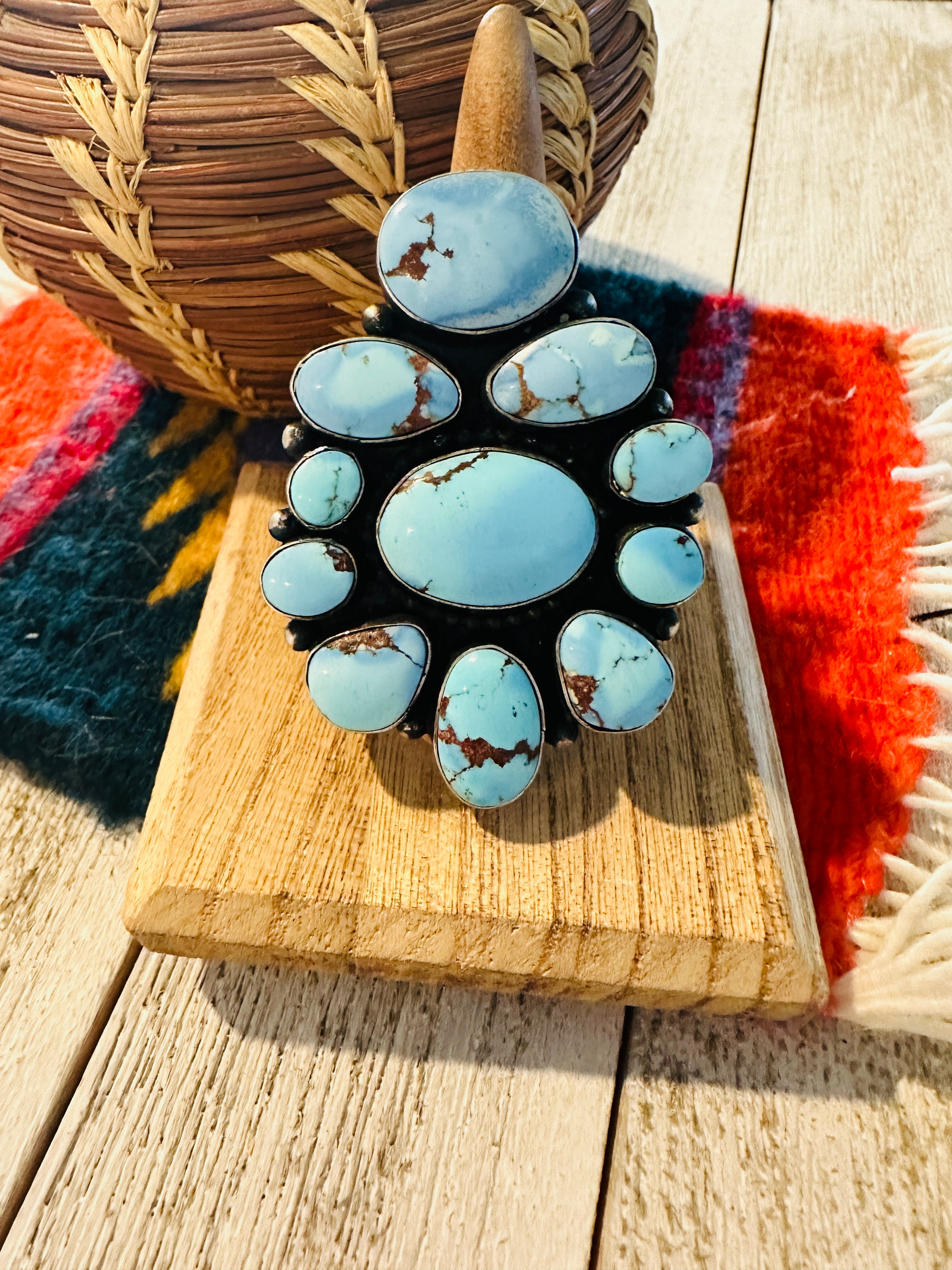 Navajo Golden Hills Turquoise & Sterling Silver Cluster Ring Size 8.25 by B. Yellowhorse