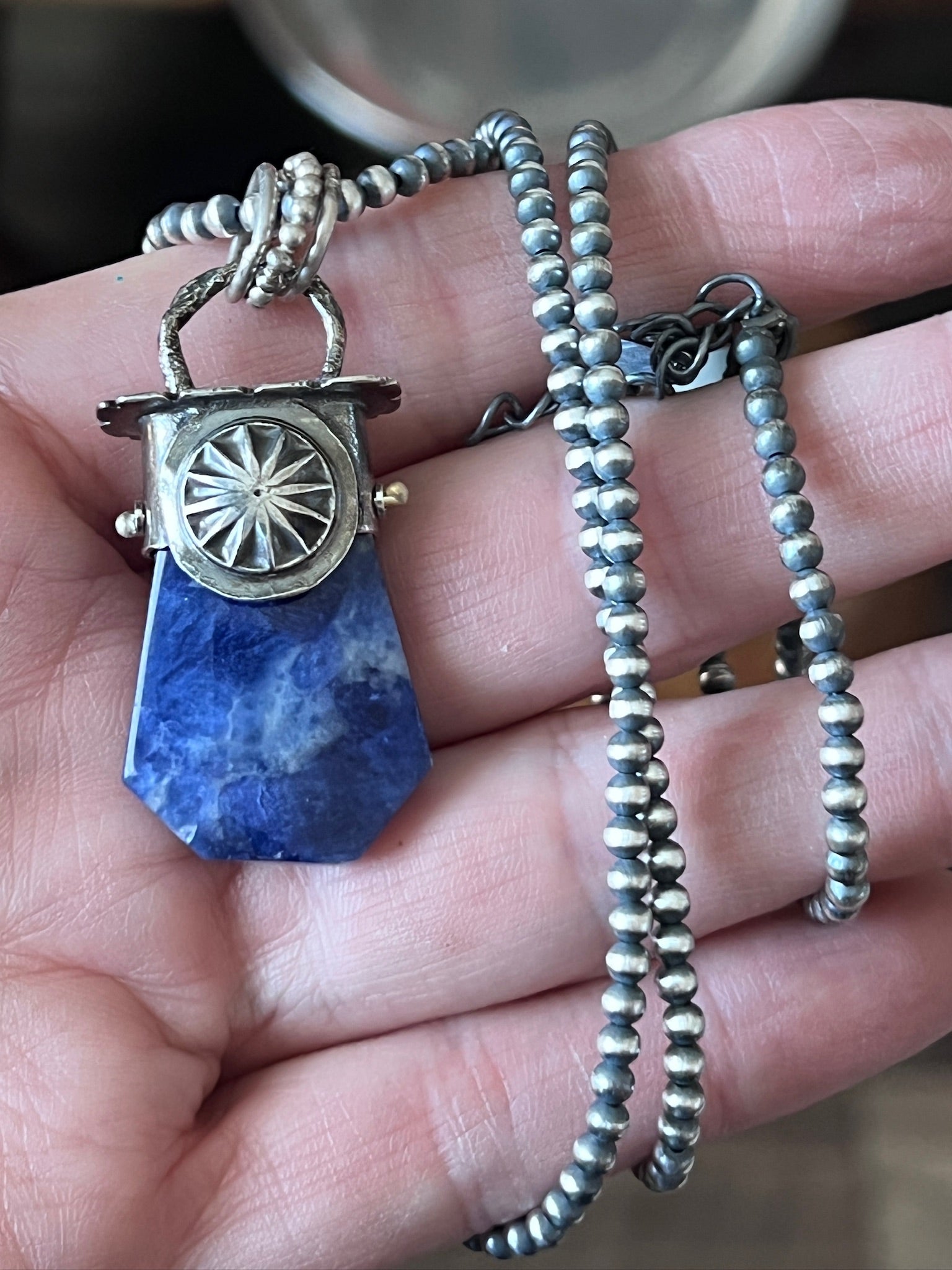 Sterling Silver Gem Collector 30” + 2” Beaded Necklace w/ Sodalite & Dandelion Pendant