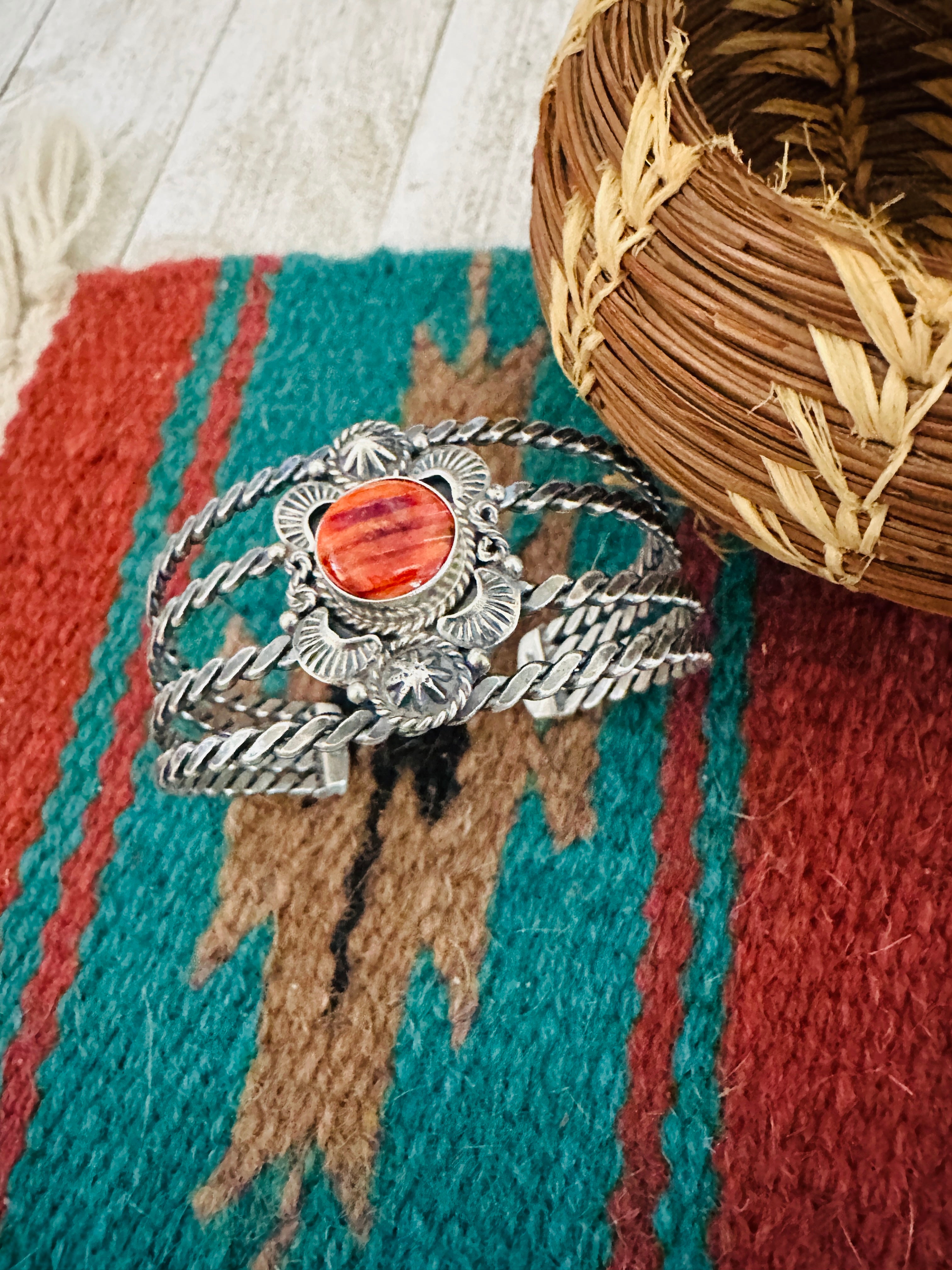 Handcrafted Sterling Silver & Orange Spiny Oyster Cuff Bracelet