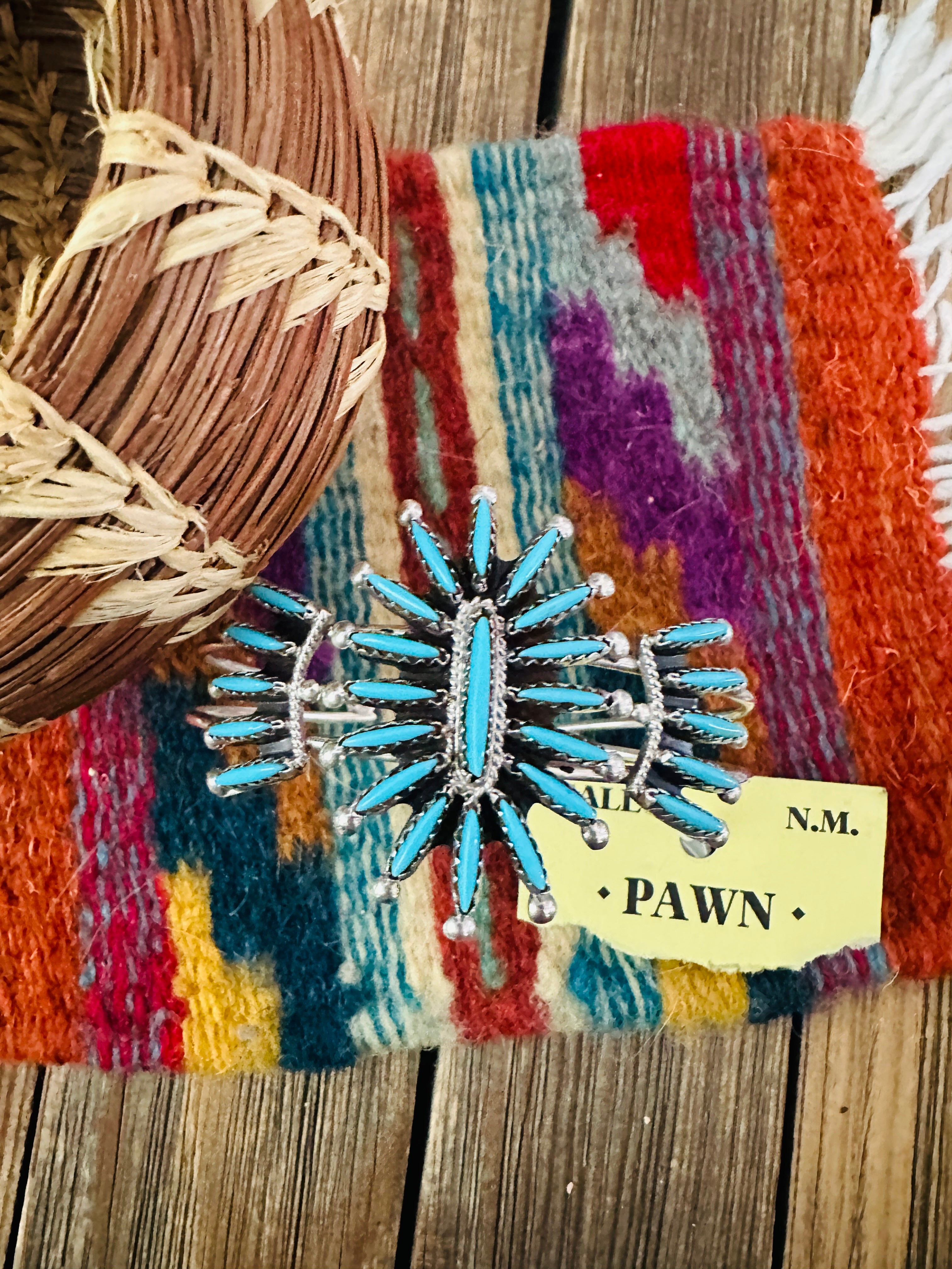 Handcrafted Old Pawn Sterling Silver & Turquoise Needlepoint Cuff Bracelet