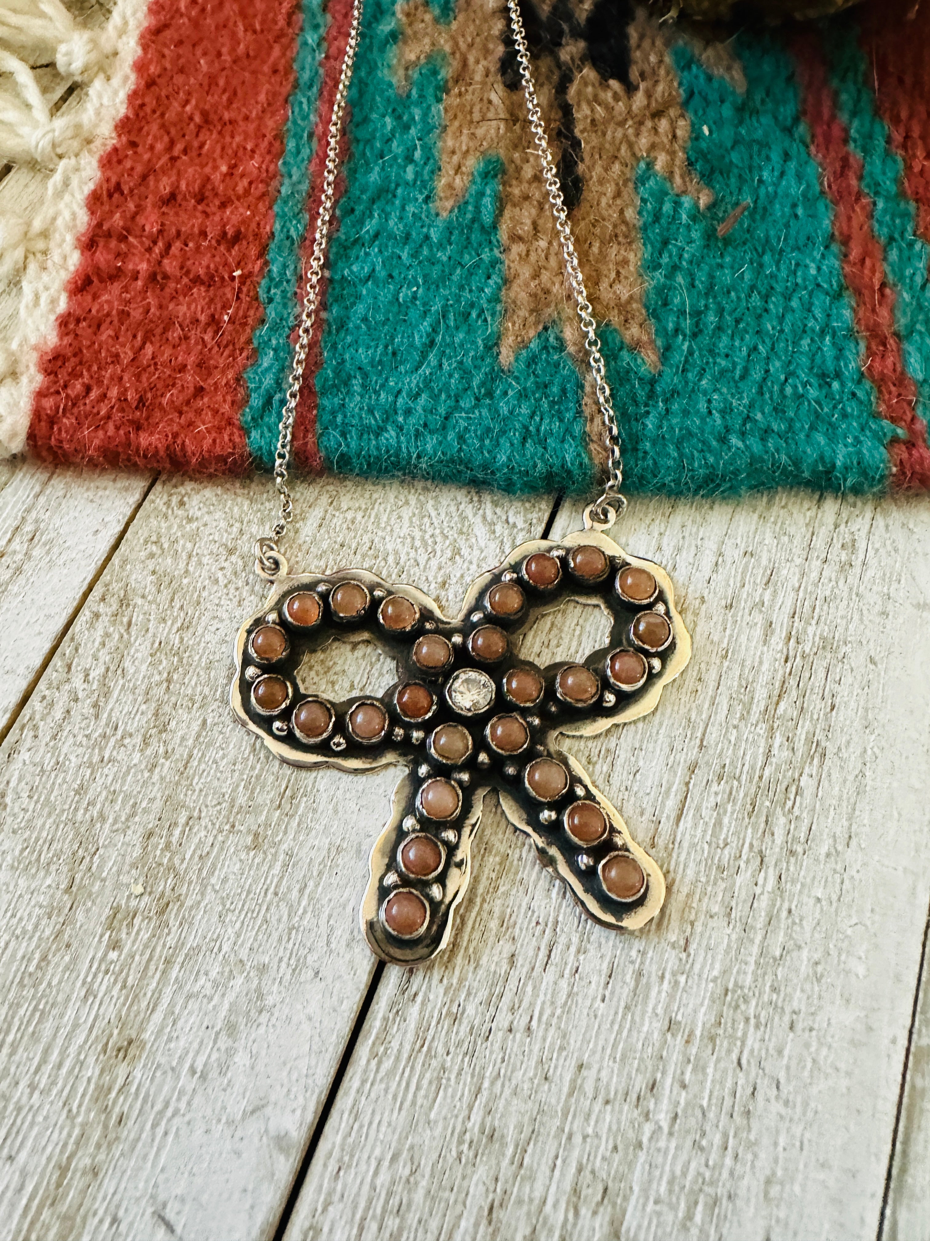 ** Christmas Collection ** Handmade Sterling Silver, Mother of Pearl & CZ Bow Necklace Signed Nizhoni