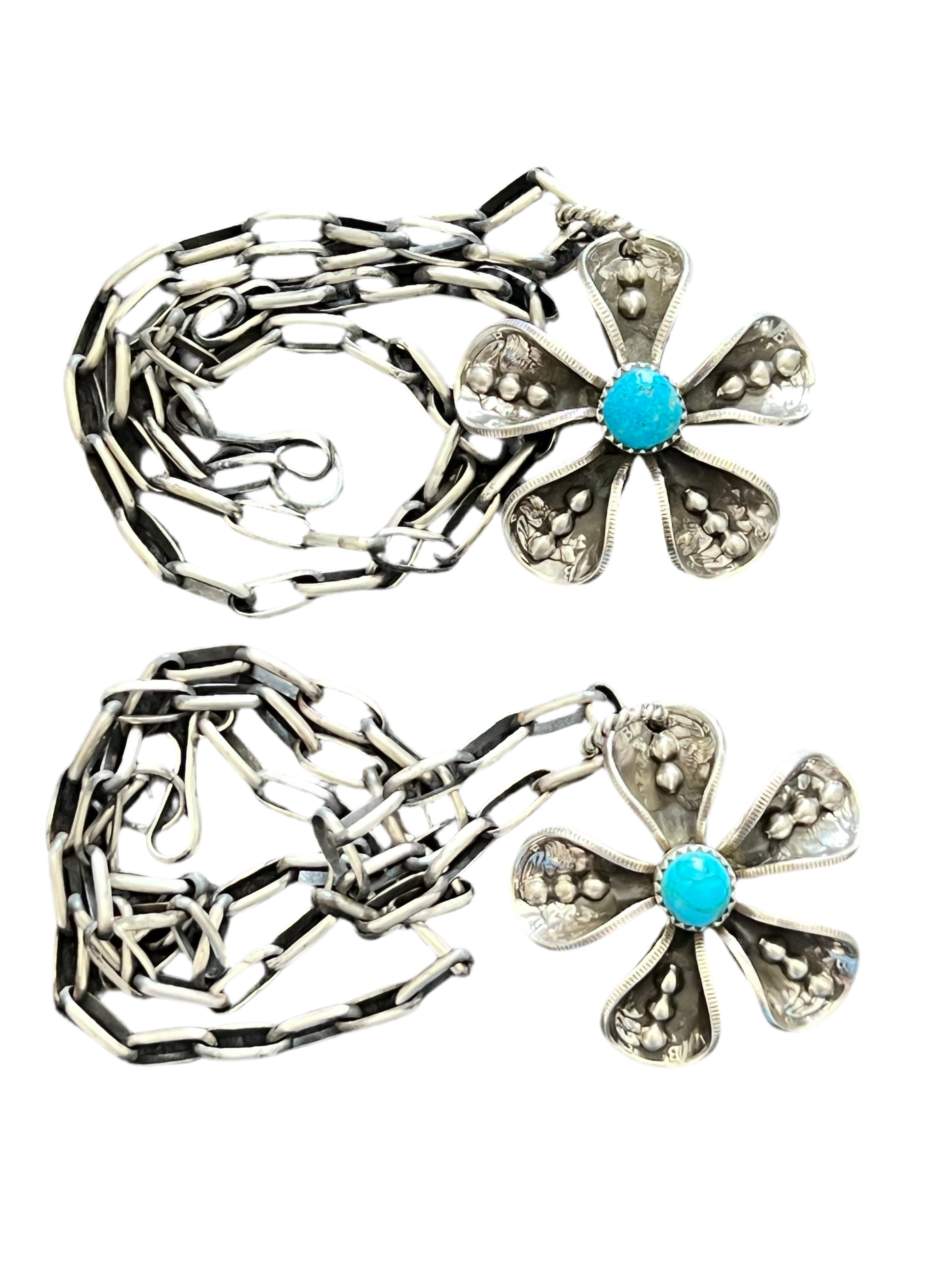 Handcrafted Sterling and Coin Silver Mercury Dime Flower Pendant with Turquoise on Handmade Chain by James Begay