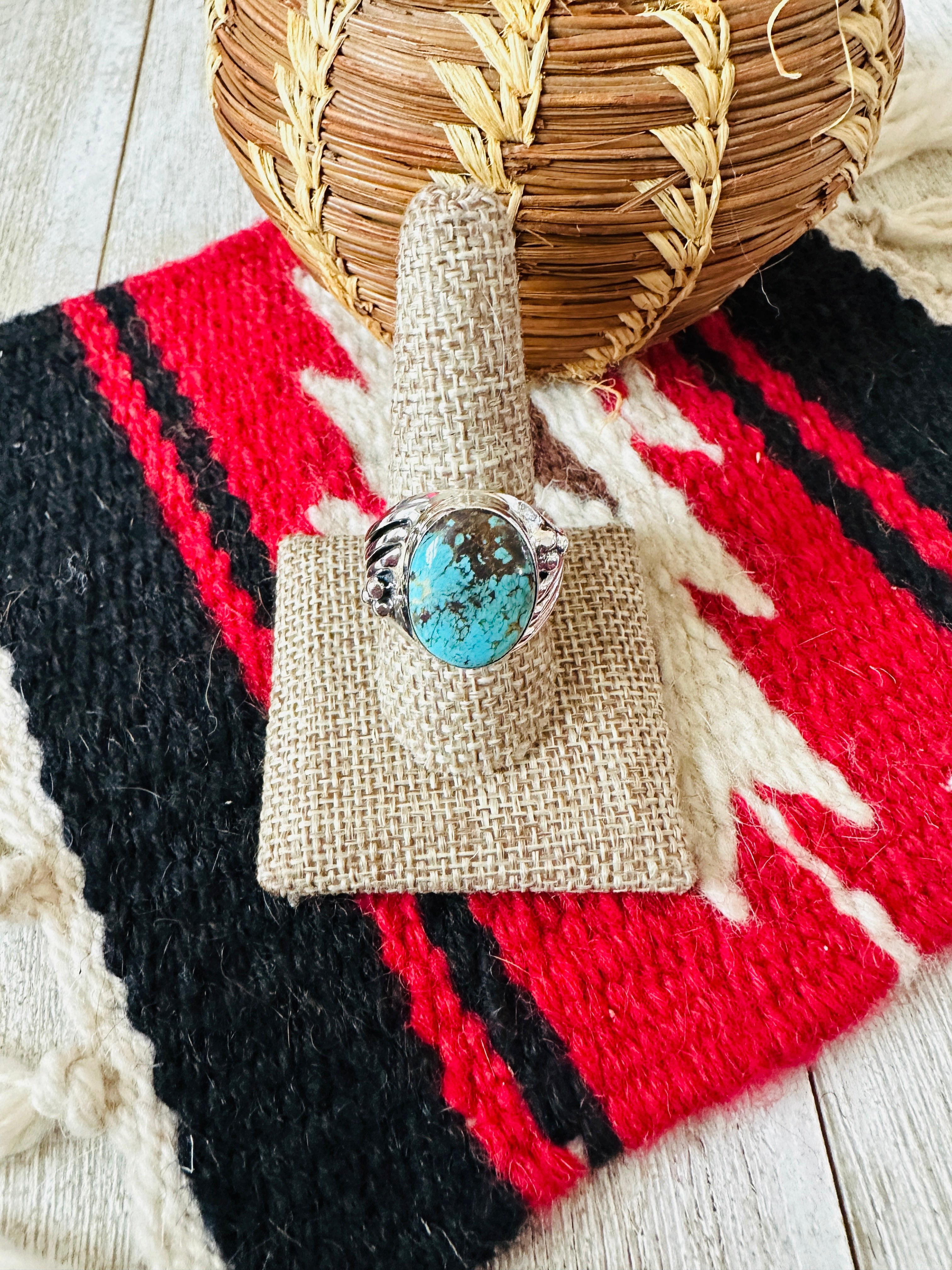 Handcrafted Turquoise & Sterling Silver Cigar Band Ring Size 9.5