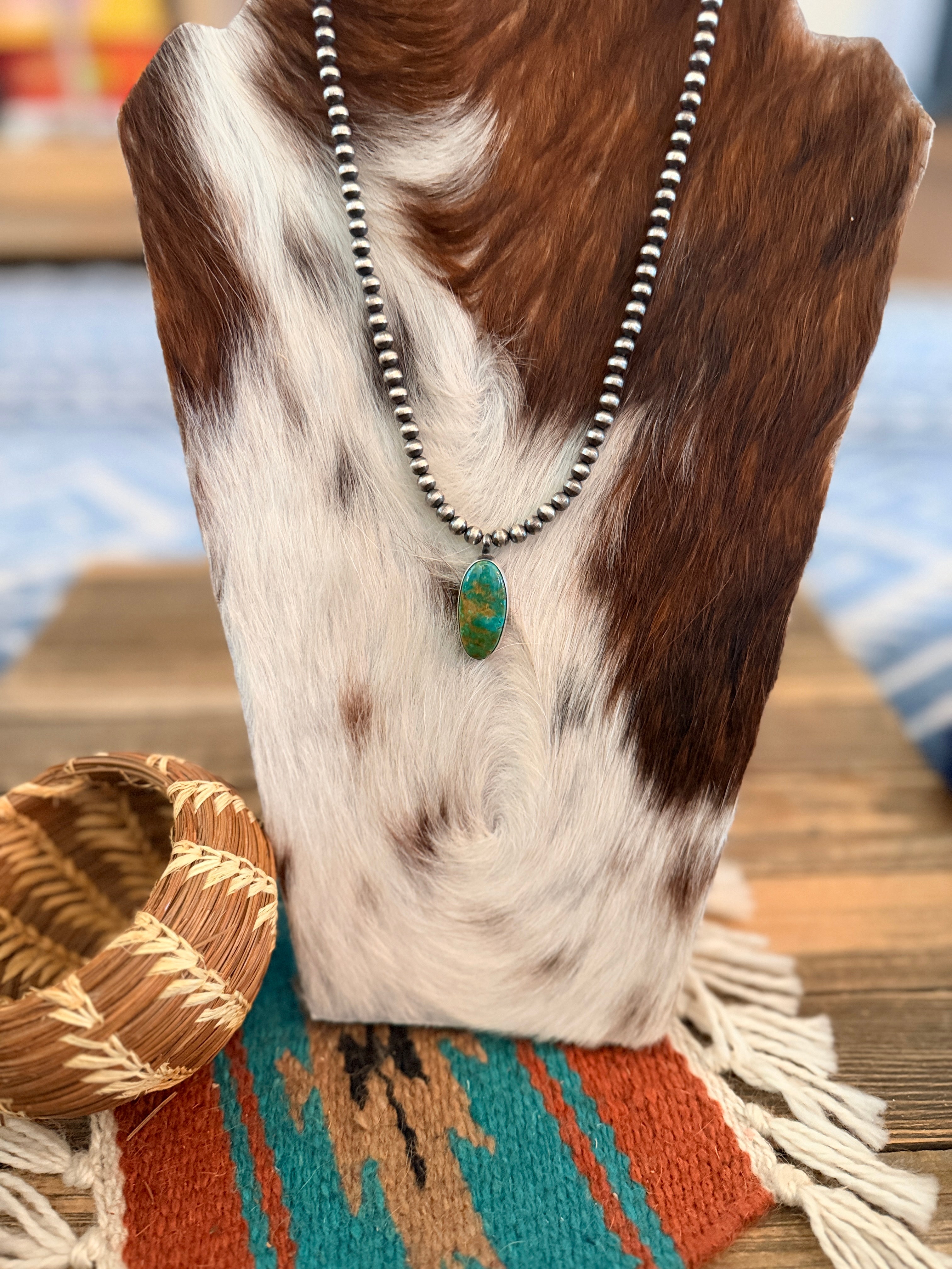 Handcrafted Turquoise & 5mm Sterling Silver Pearl 18” Beaded Necklace