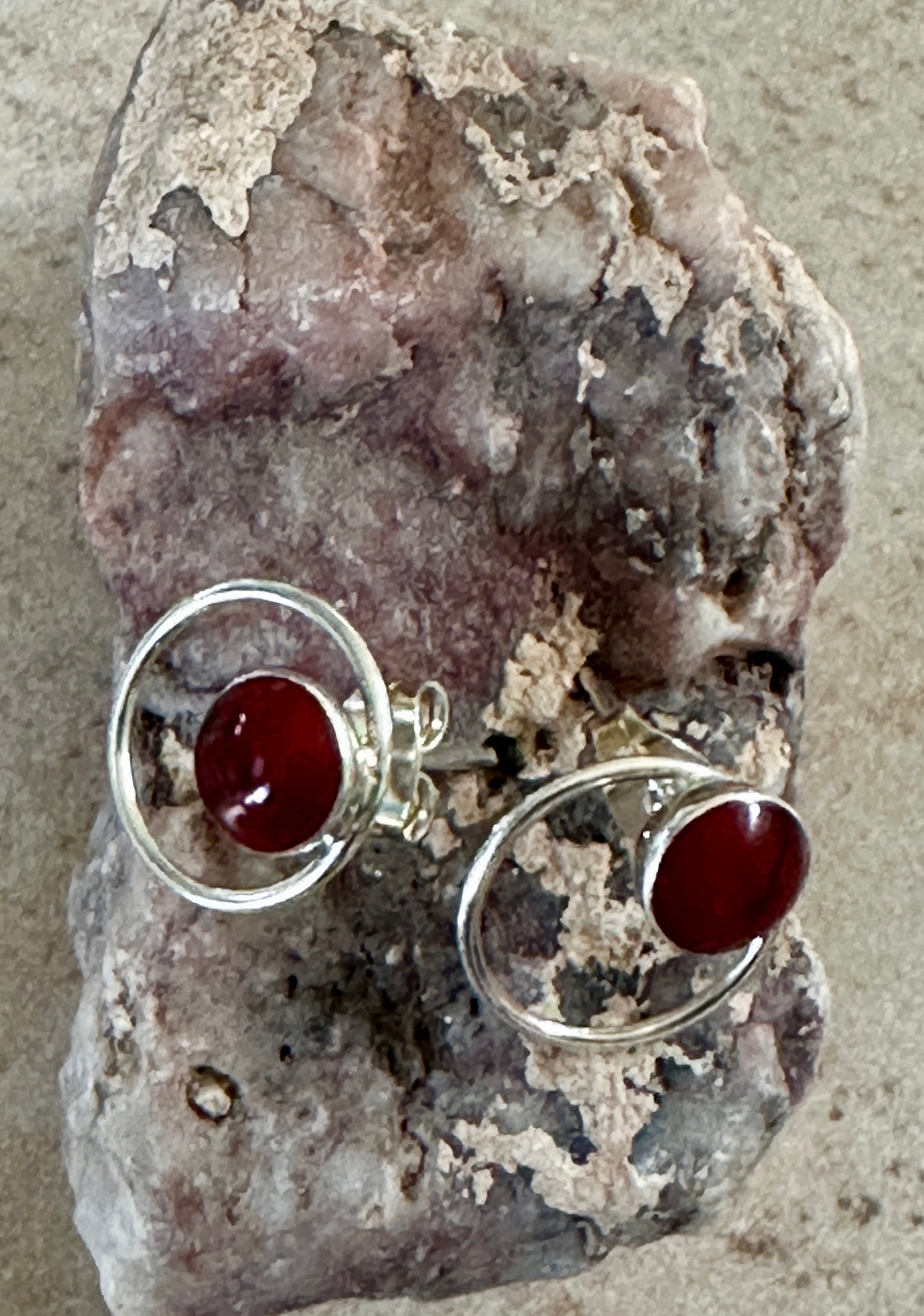 Red Jasper in Circle Frame Sterling Silver Earrings