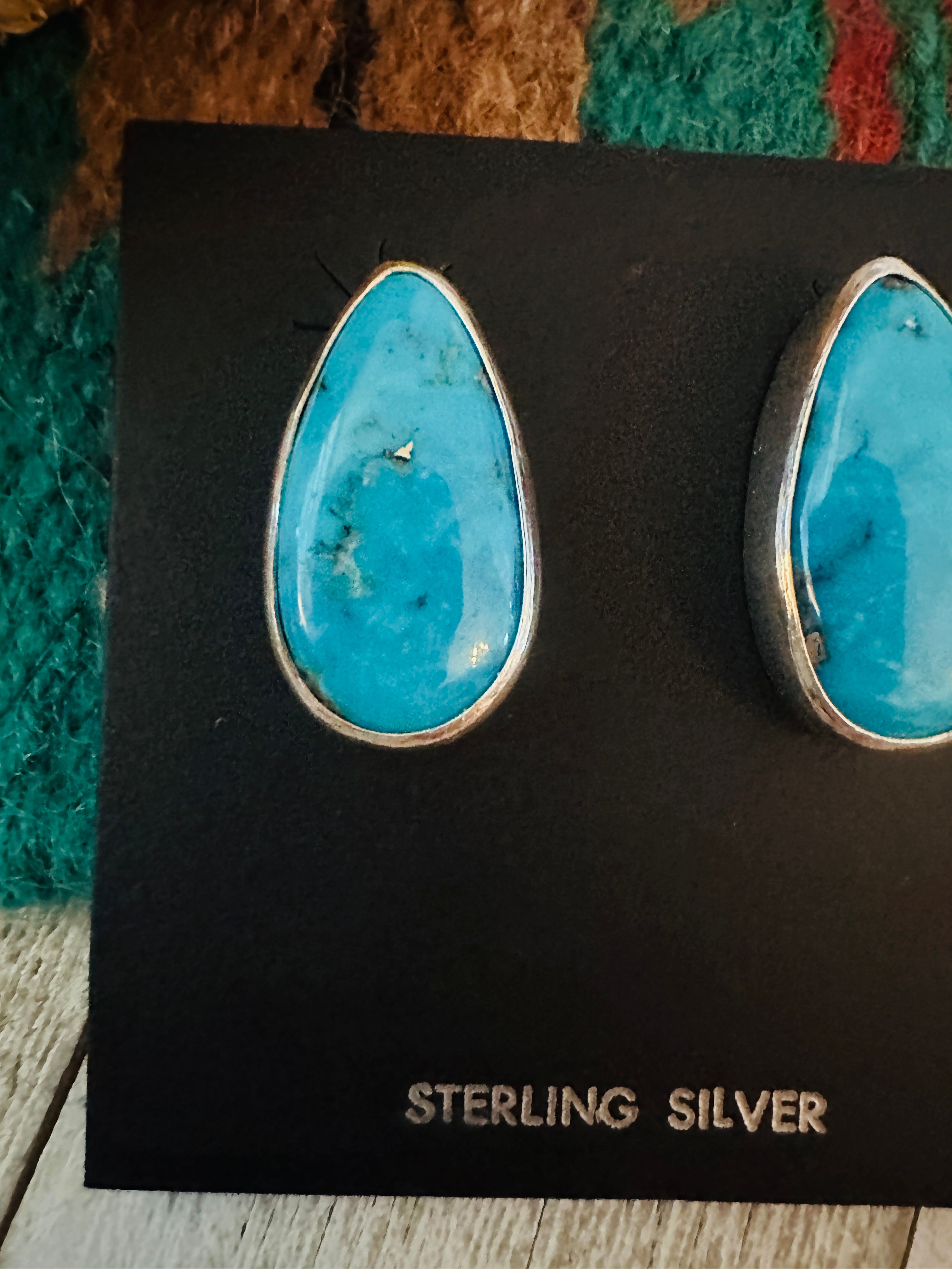 Handcrafted Turquoise & Sterling Silver Post Earrings Signed