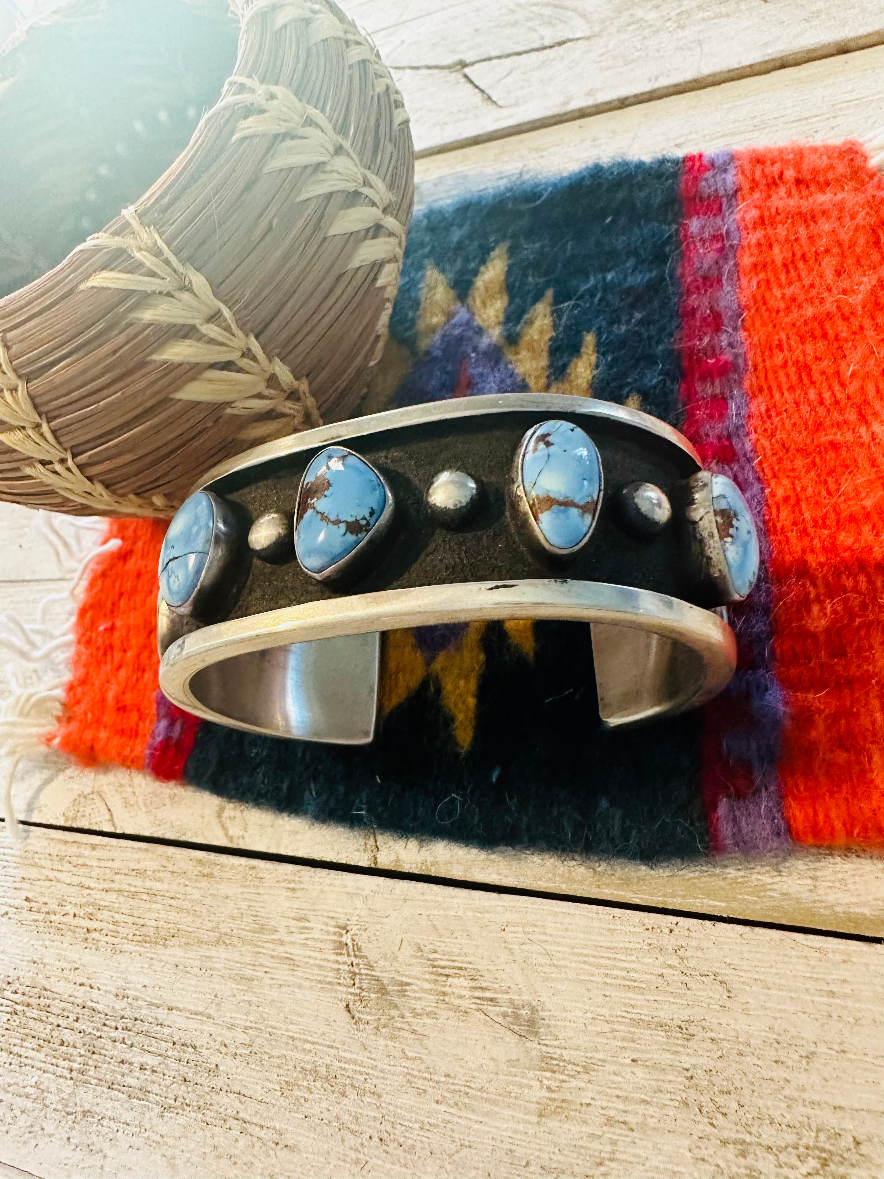 Handcrafted Golden Hills Turquoise & Sterling Silver Shadowbox Cuff Bracelet /