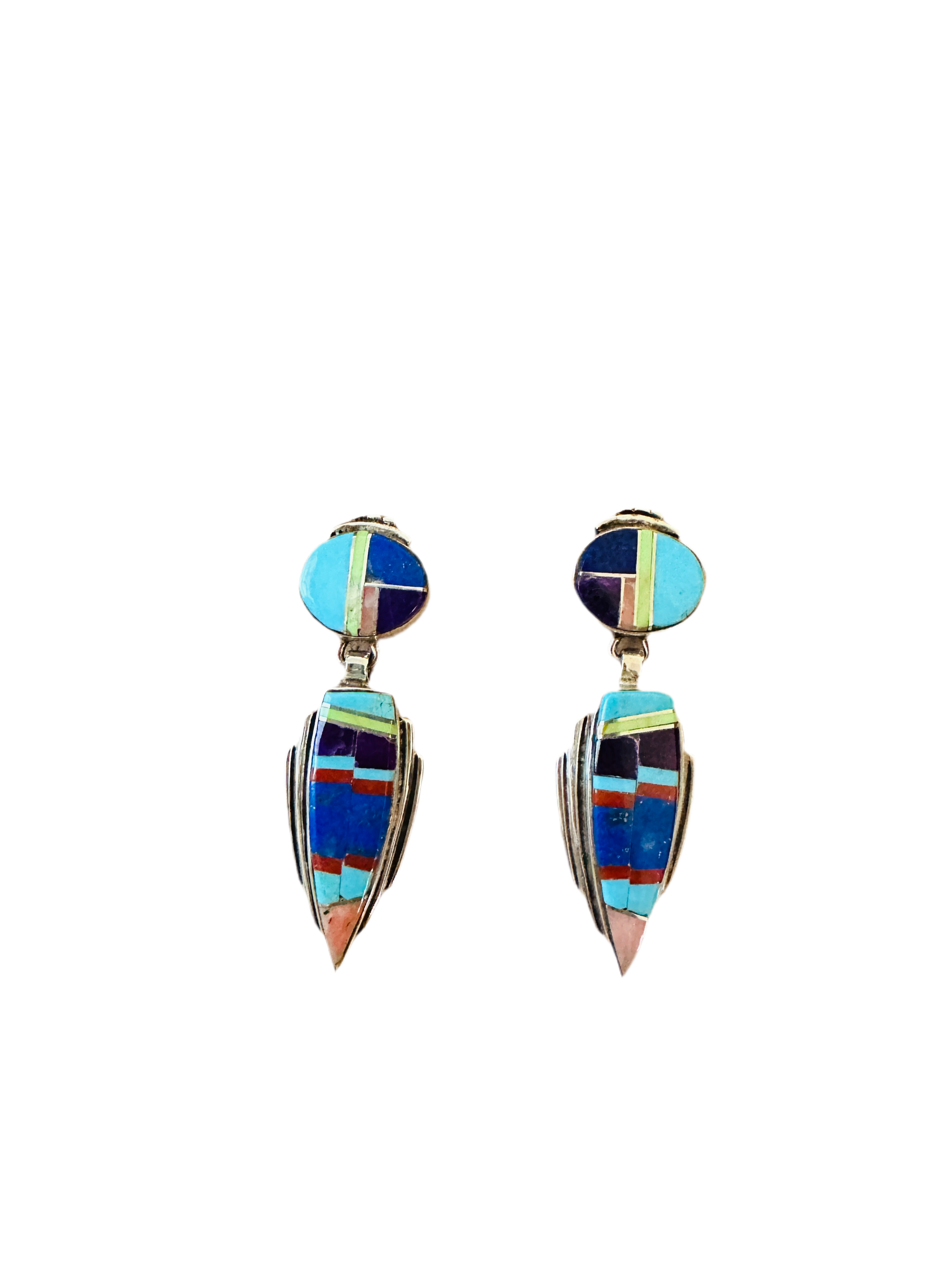 Old Pawn Navajo Sterling Silver & Multi Stone Inlay Dangle Earrings