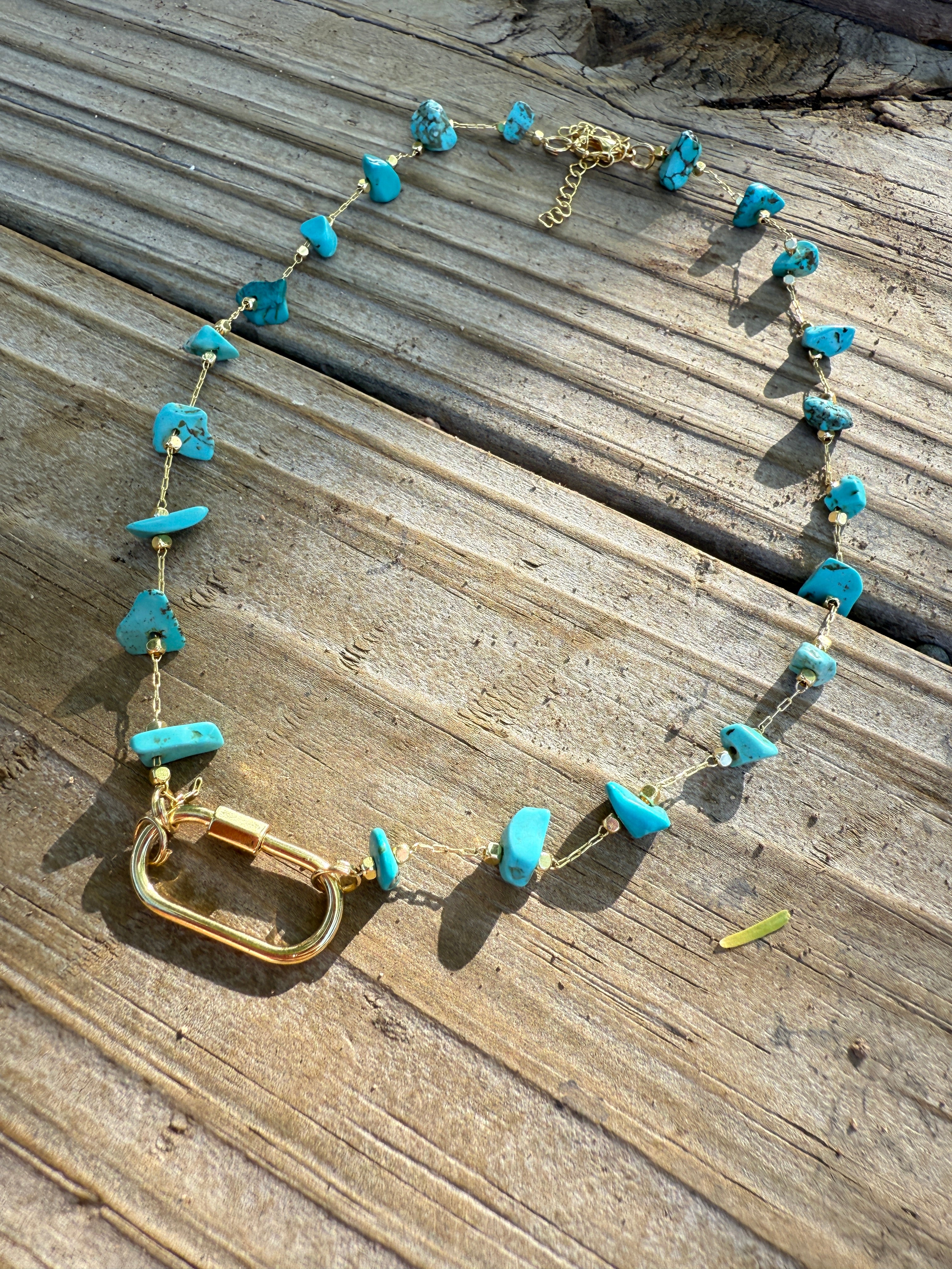 “The Golden Collection” Turquoise Beaded Gravel Paperclip Handmade 14k Gold Plated Necklace