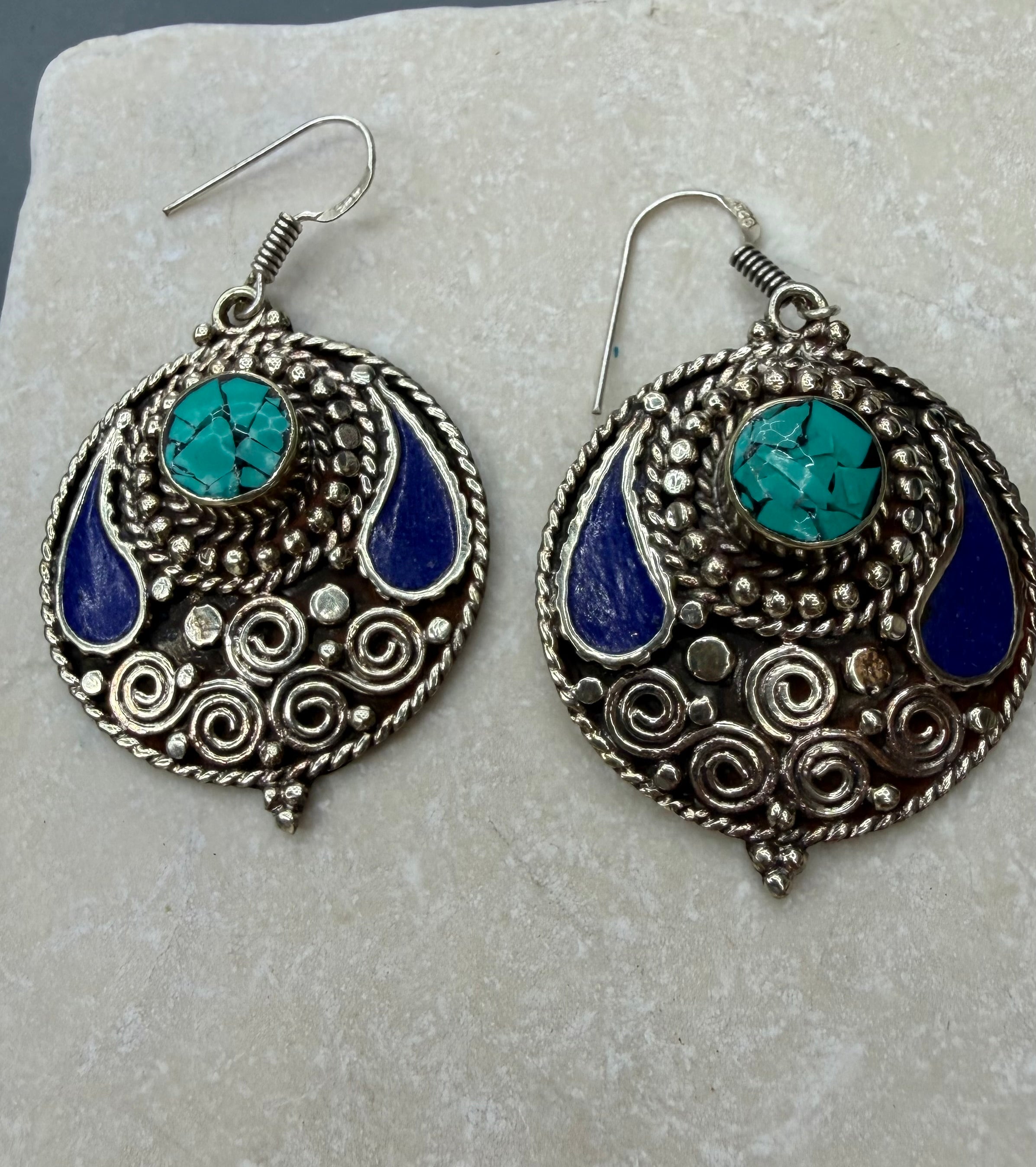 Turquoise & Lapis Ornate Disc Earrings – Boho Southwest Statement