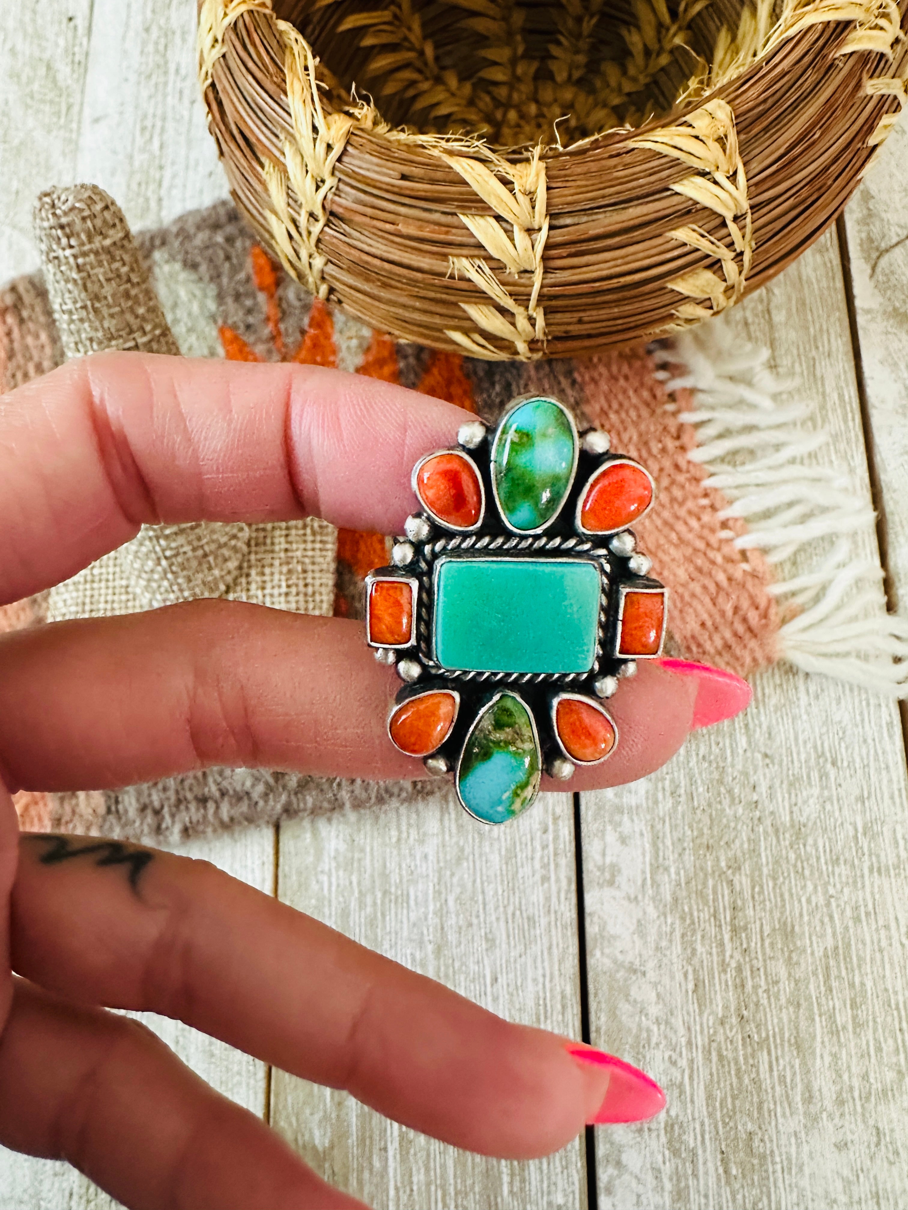 Navajo Sterling Silver, Turquoise & Spiny Oyster Ring by Bernyse Chavez and Angela Martin, Size 8