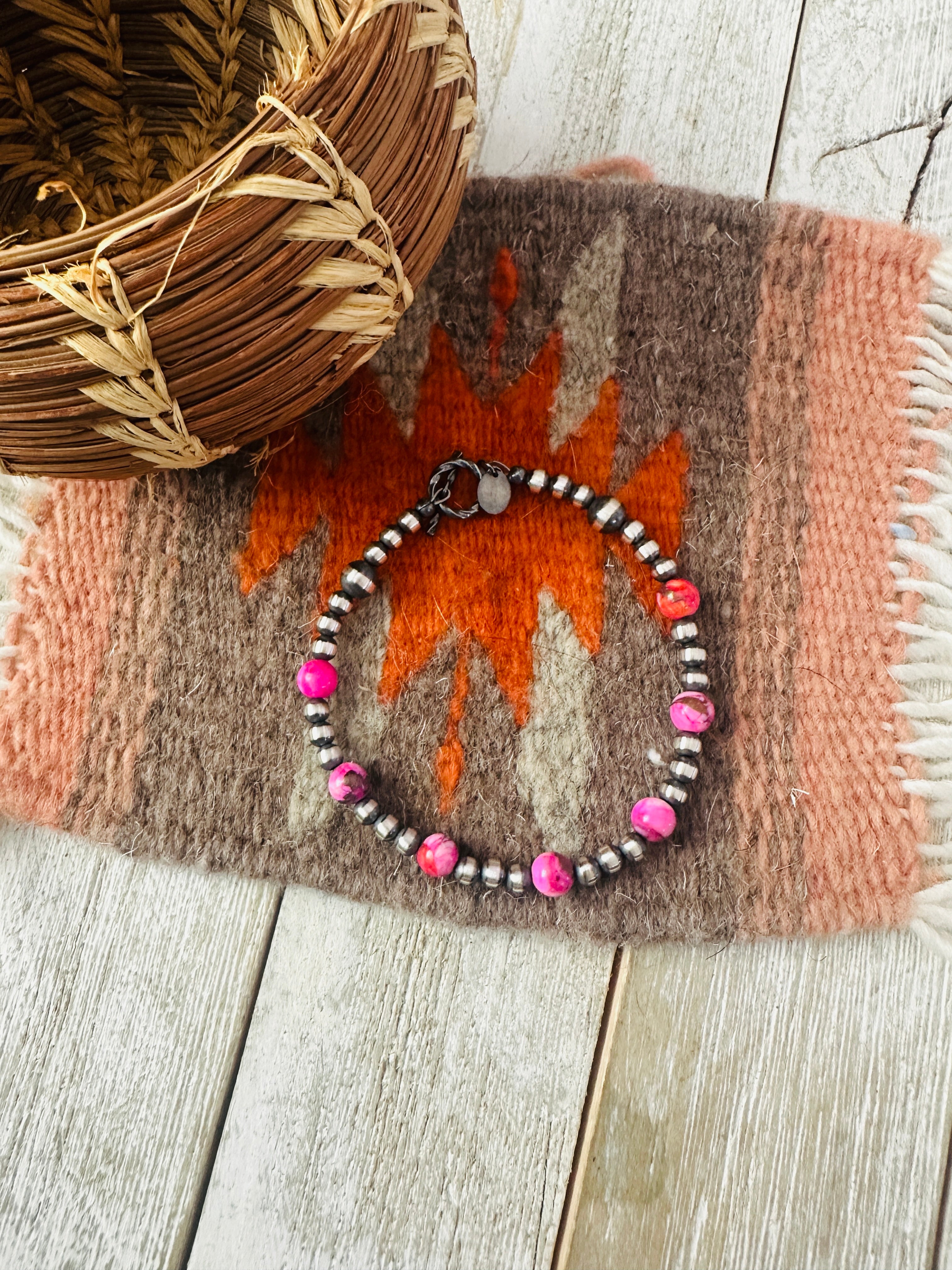 Handcrafted Pink Mojave and Sterling Silver Pearl Beaded Bracelet