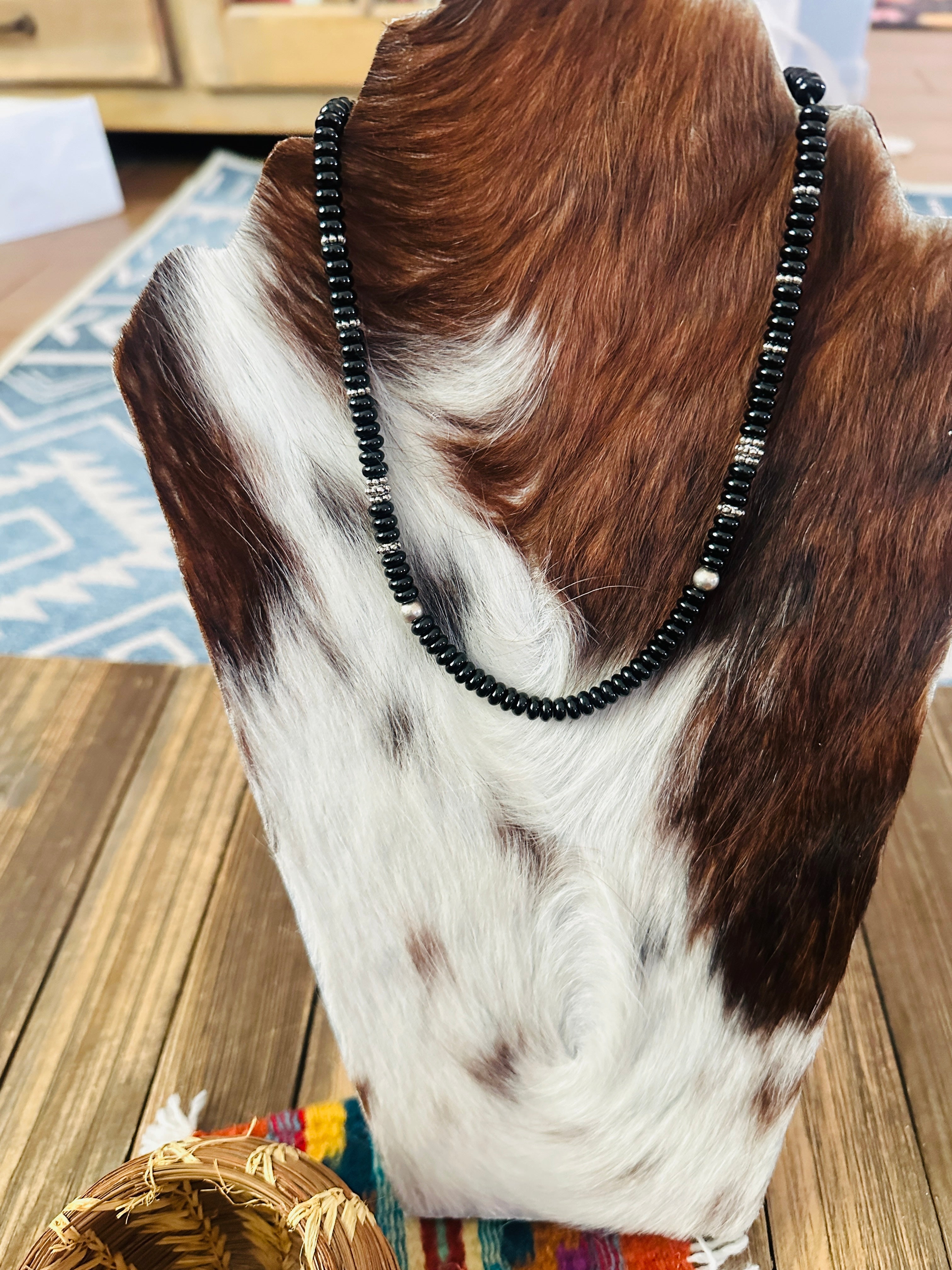 Handcrafted Black Onyx & Sterling Silver Beaded 18” Necklace by T & R Singer