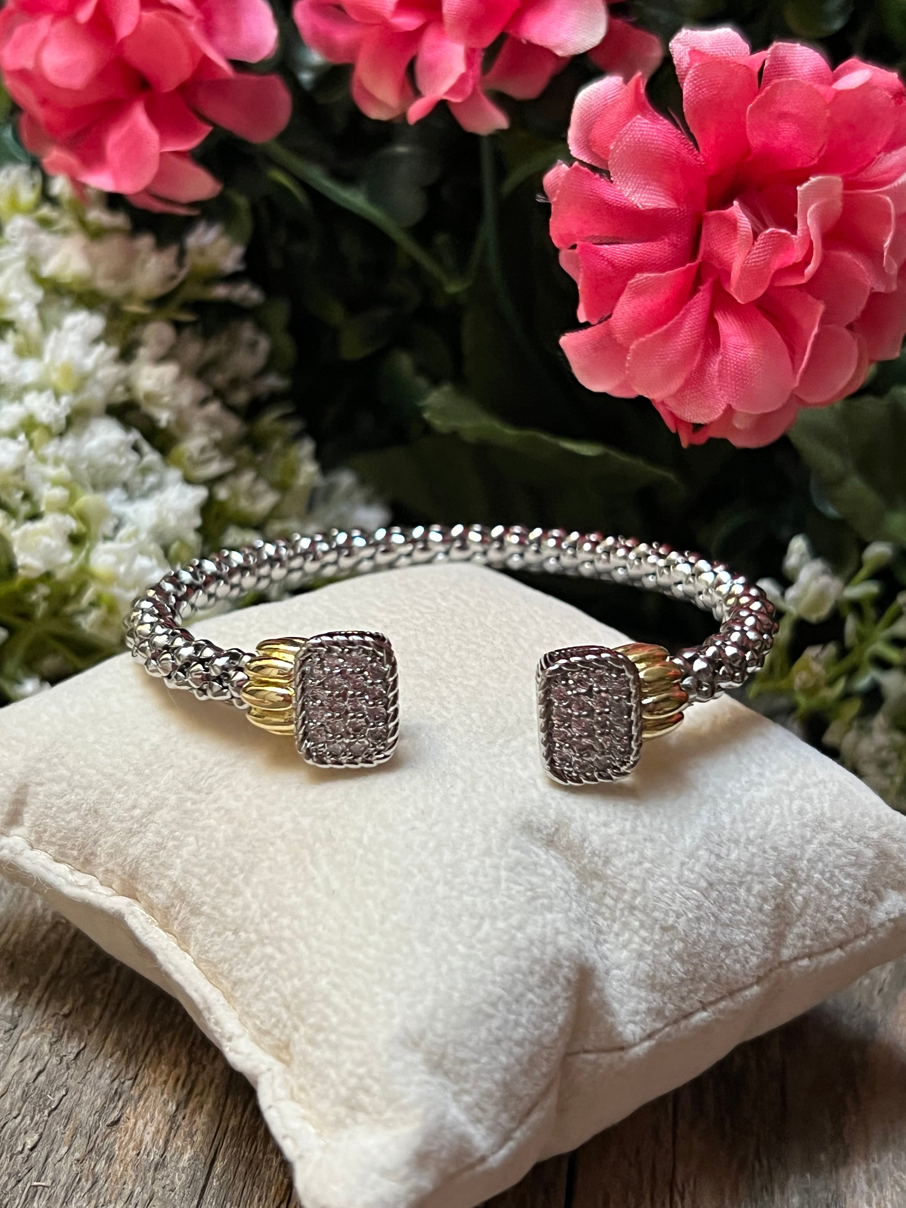 Silver & 14k Gold Plated Two Tone Popcorn Rectangle Shaped CZ Bangle Bracelet