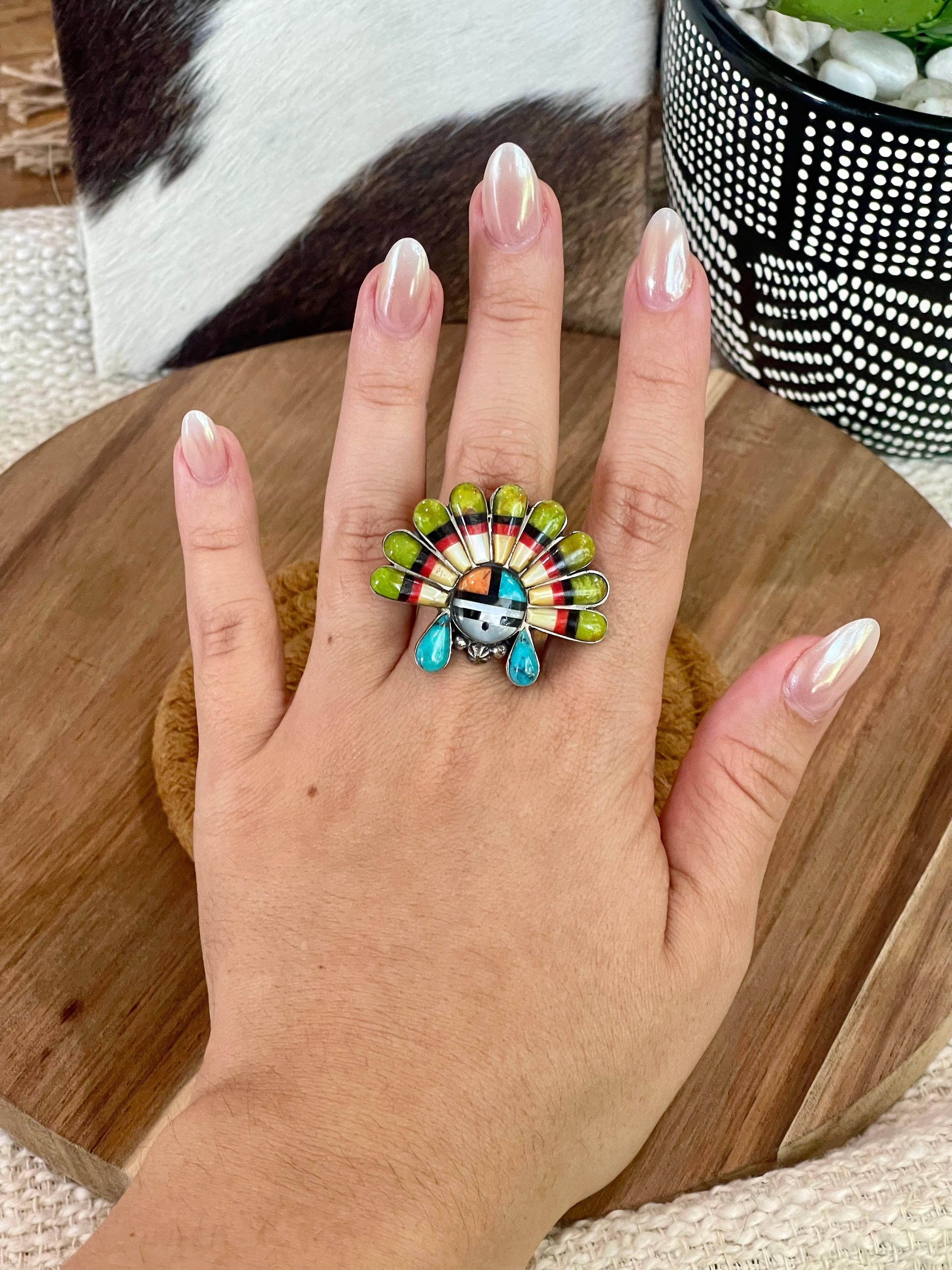 Handmade Sterling Silver & Multi Stone Sunface Adjustable Ring