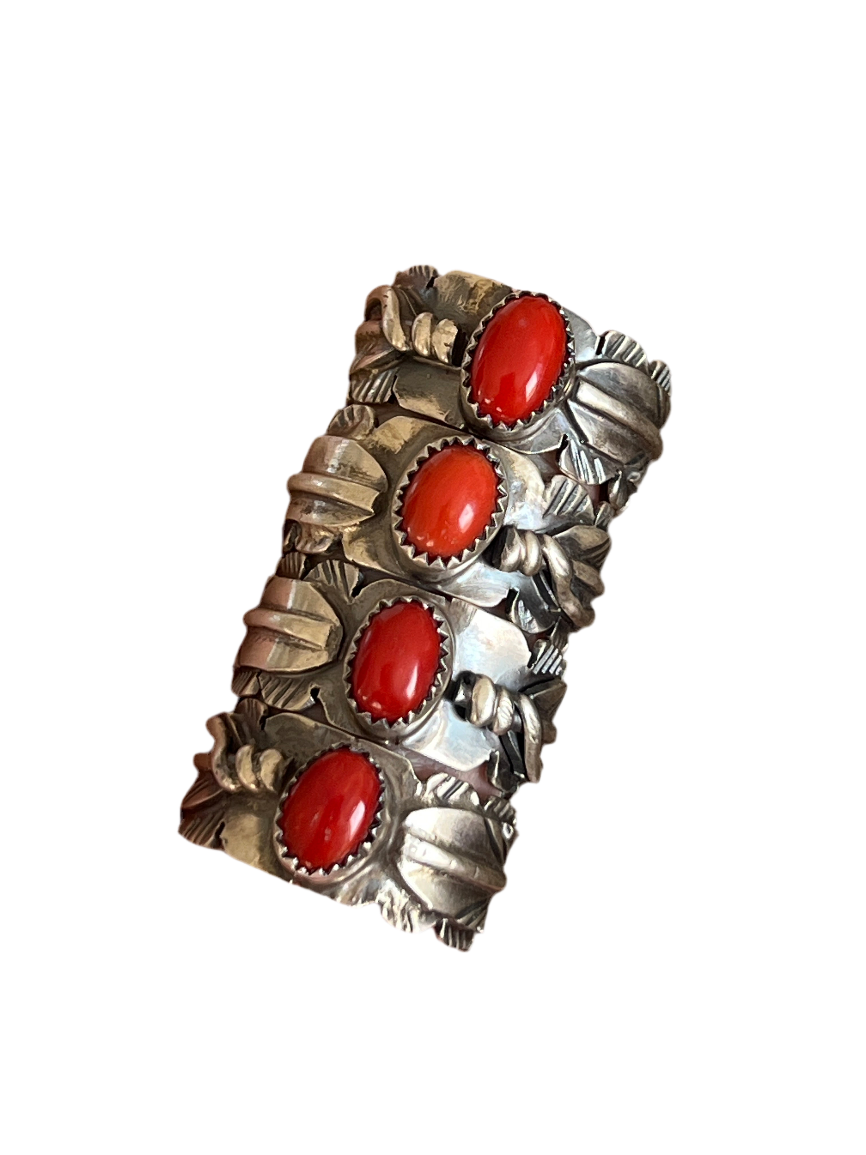 Handcrafted Sterling Silver Stout Feather Rings with Mediterranean Coral, Signed KM