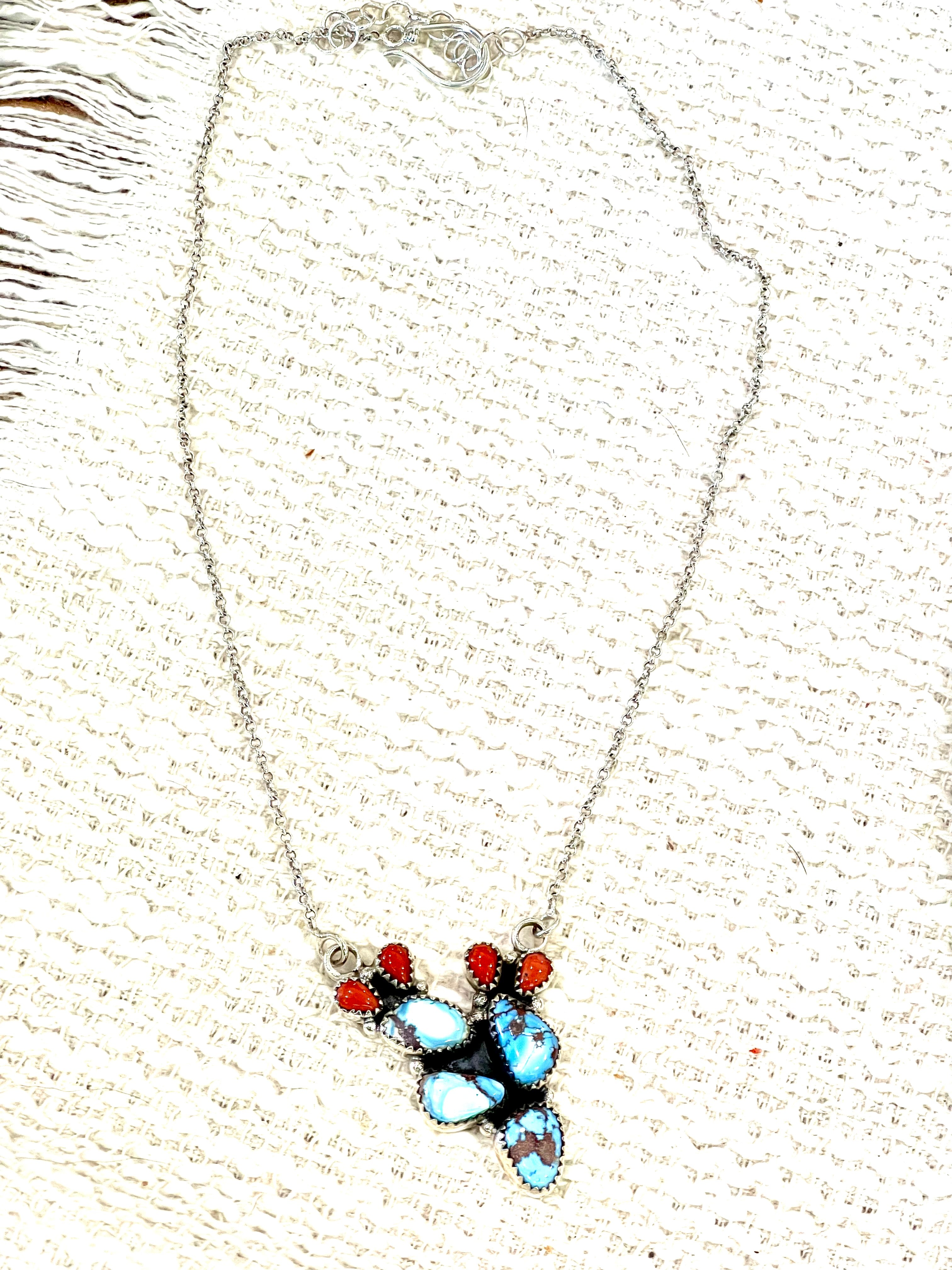 Handmade Sterling Silver, Golden Hills Turquoise & Coral Necklace Signed Nizhoni