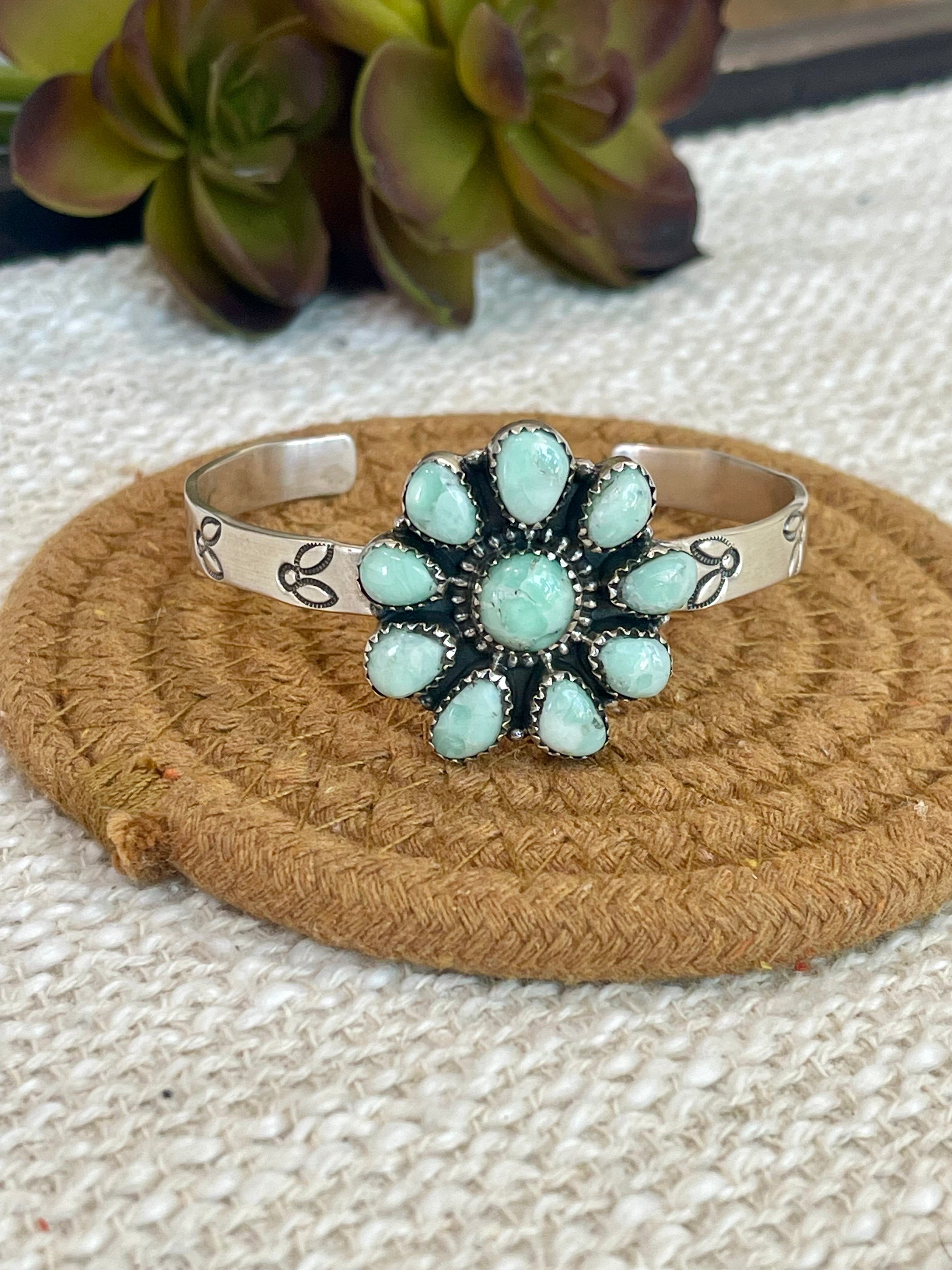 Handmade Sterling Silver, Mint Dahlia Adjustable Flower Cuff Bracelet