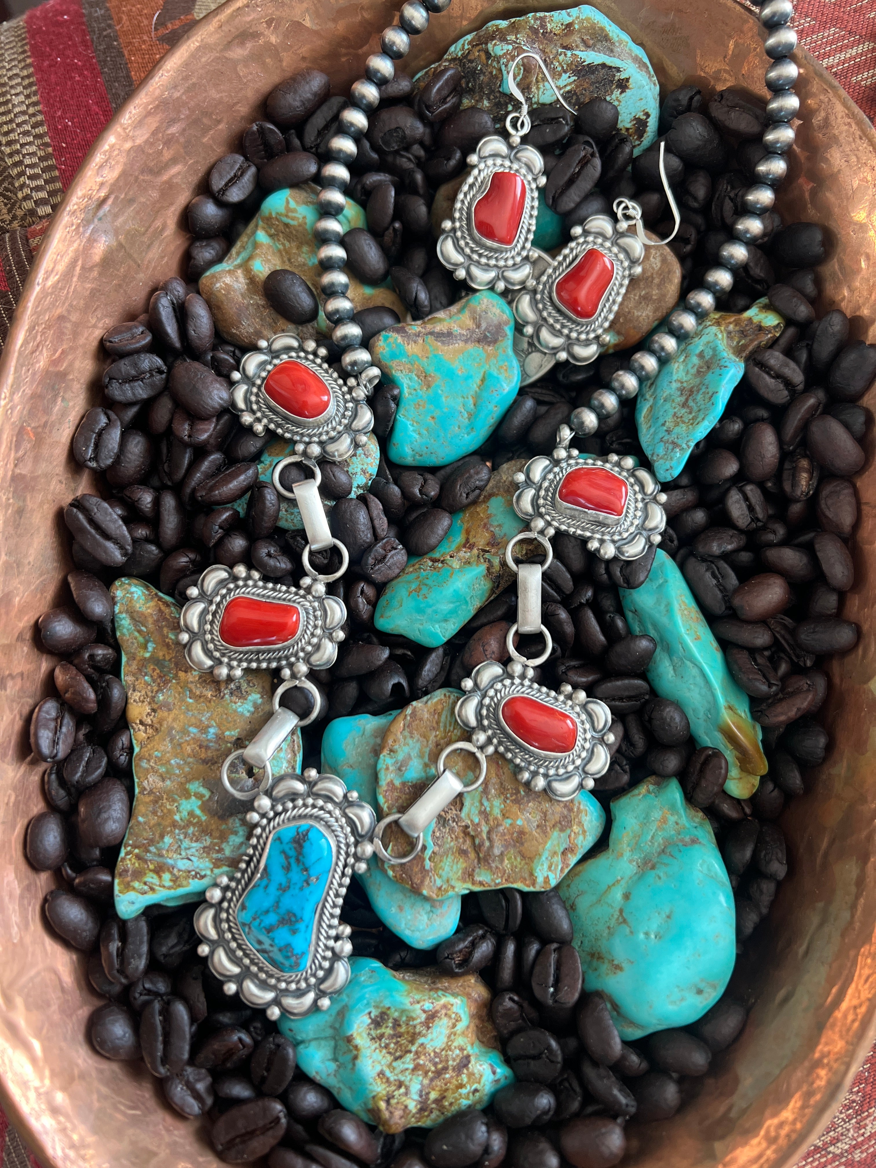 Navajo Sterling Silver, Mediterranean Coral and Sleeping Beauty Turquoise Necklace with Matching Earrings by Tom Lewis
