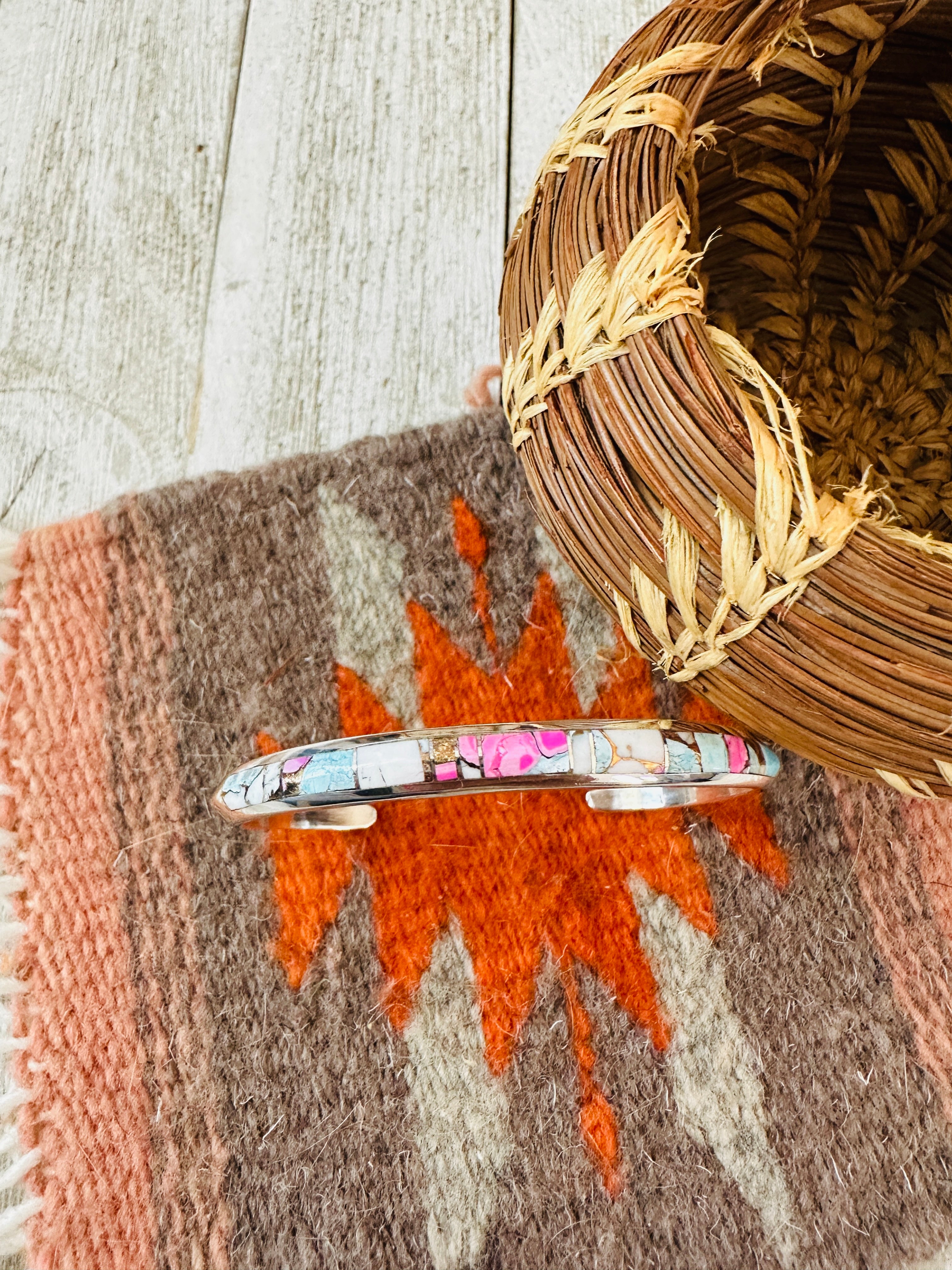 Handcrafted Cotton Candy & Sterling Silver Inlay Cuff Bracelet