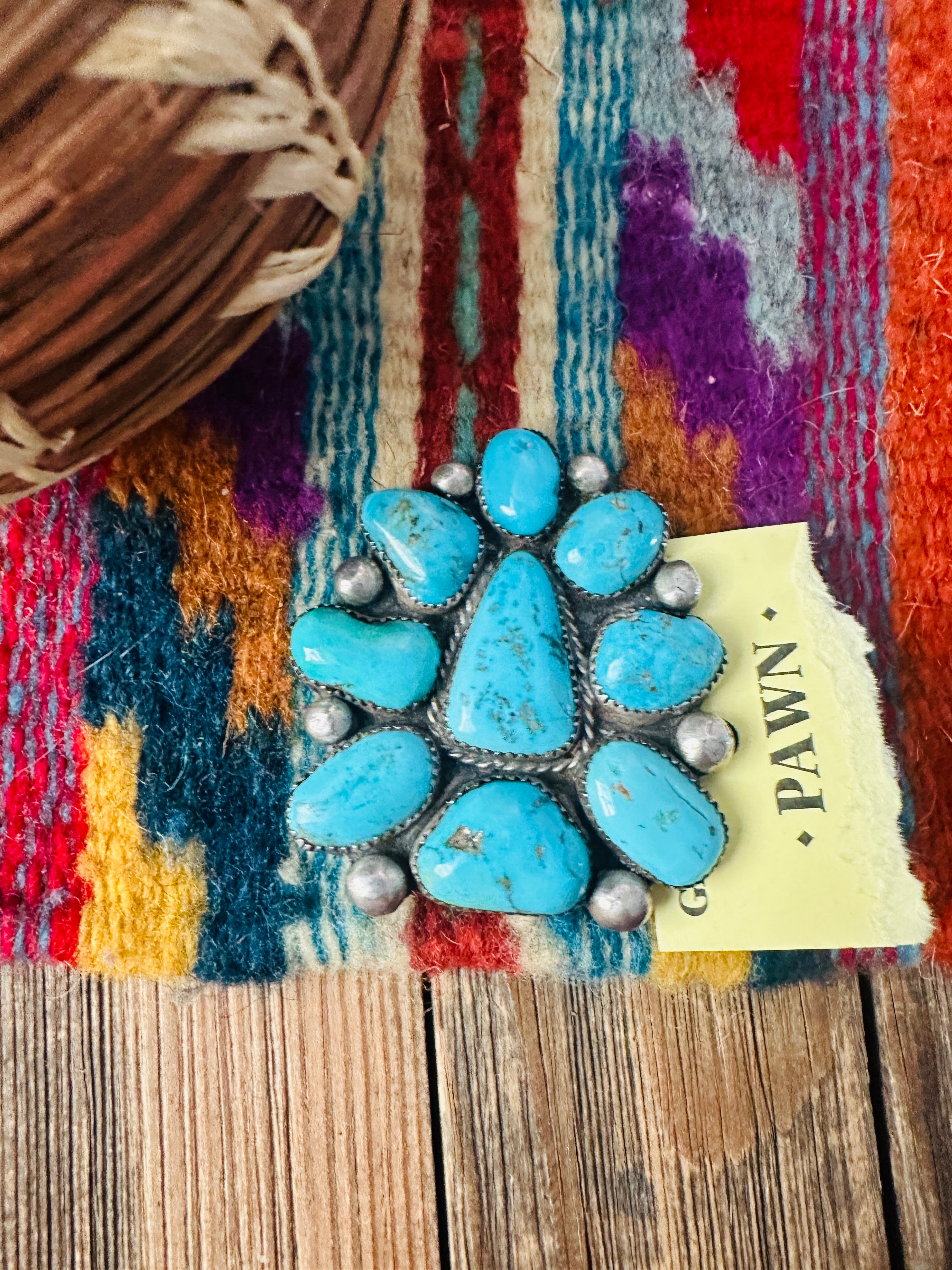 Old Pawn Handcrafted Turquoise and Sterling Silver Cluster Brooch