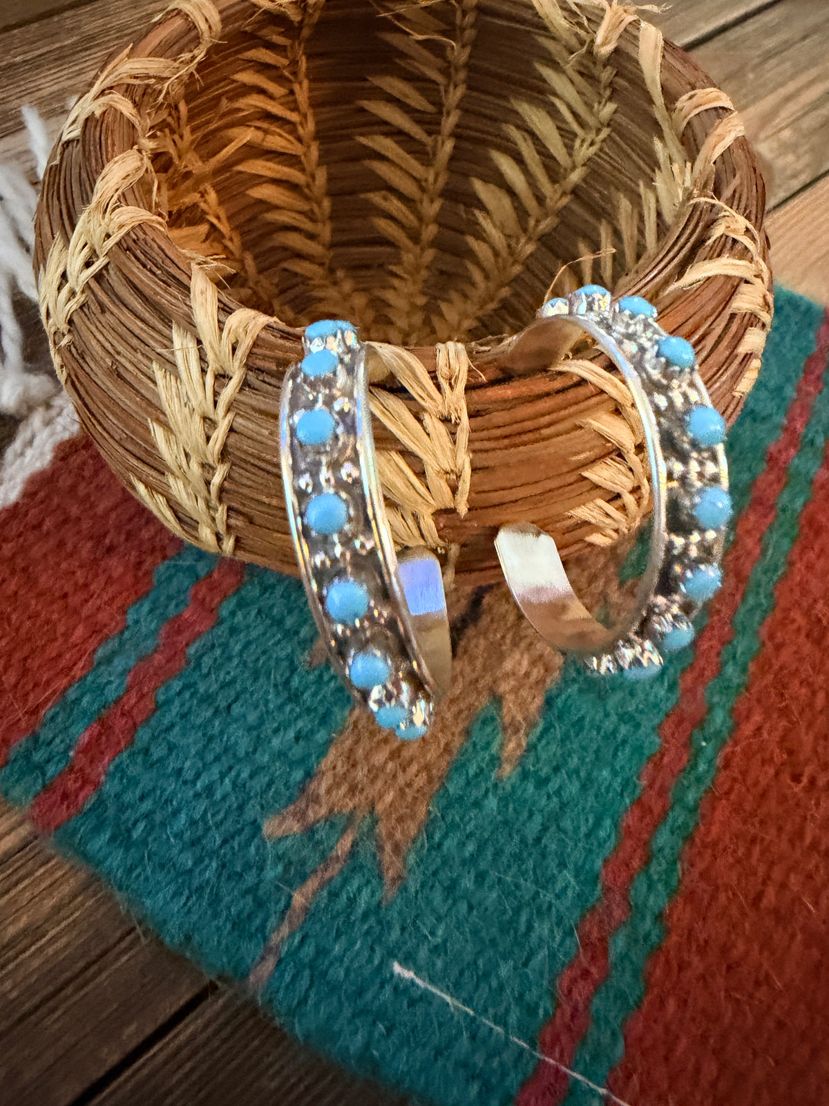 Handcrafted Sterling Silver & Turquoise Petit Point Hoop Earrings