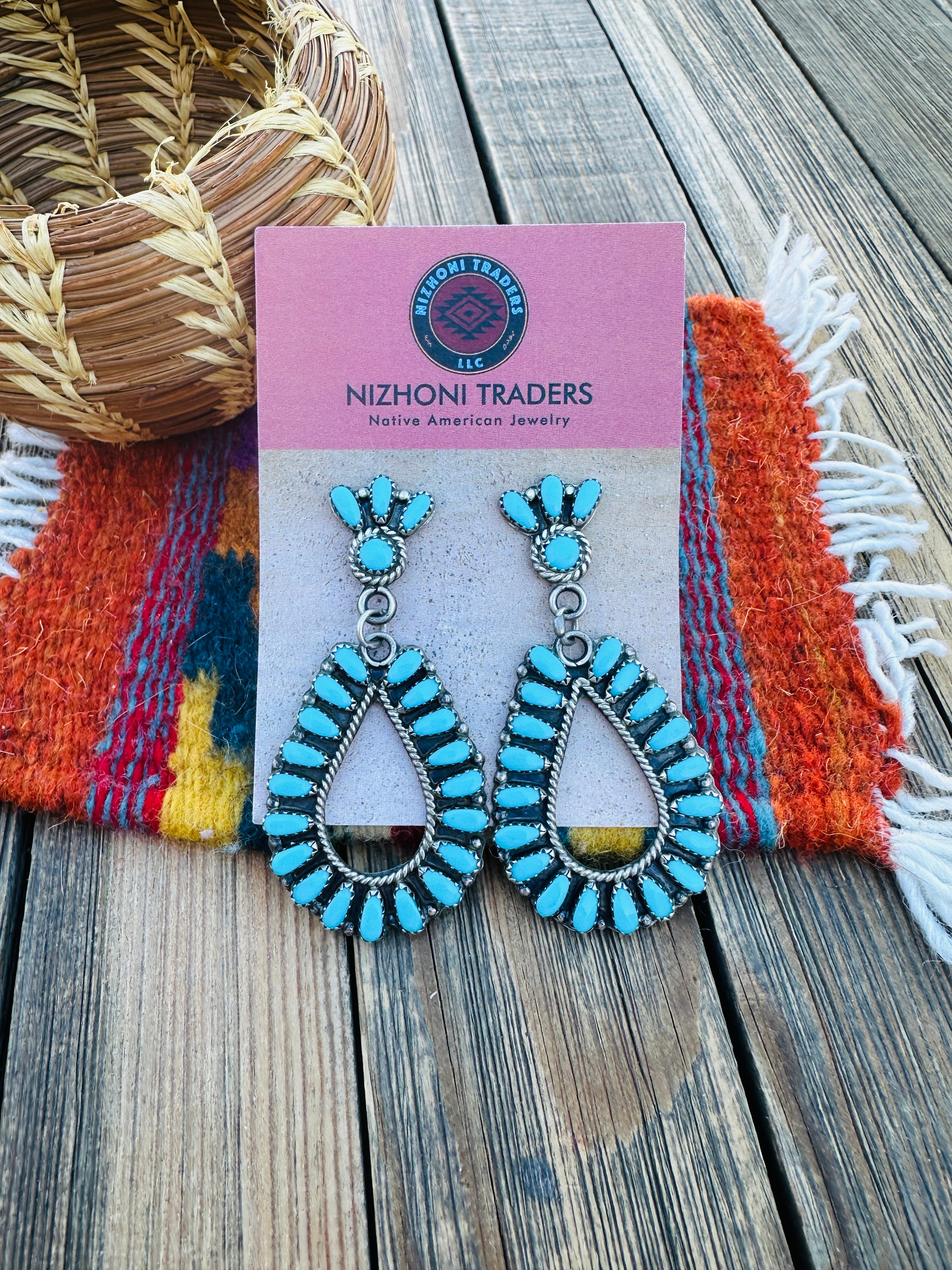 Handcrafted Old Pawn Sterling Silver & Turquoise Cluster Dangle Earrings