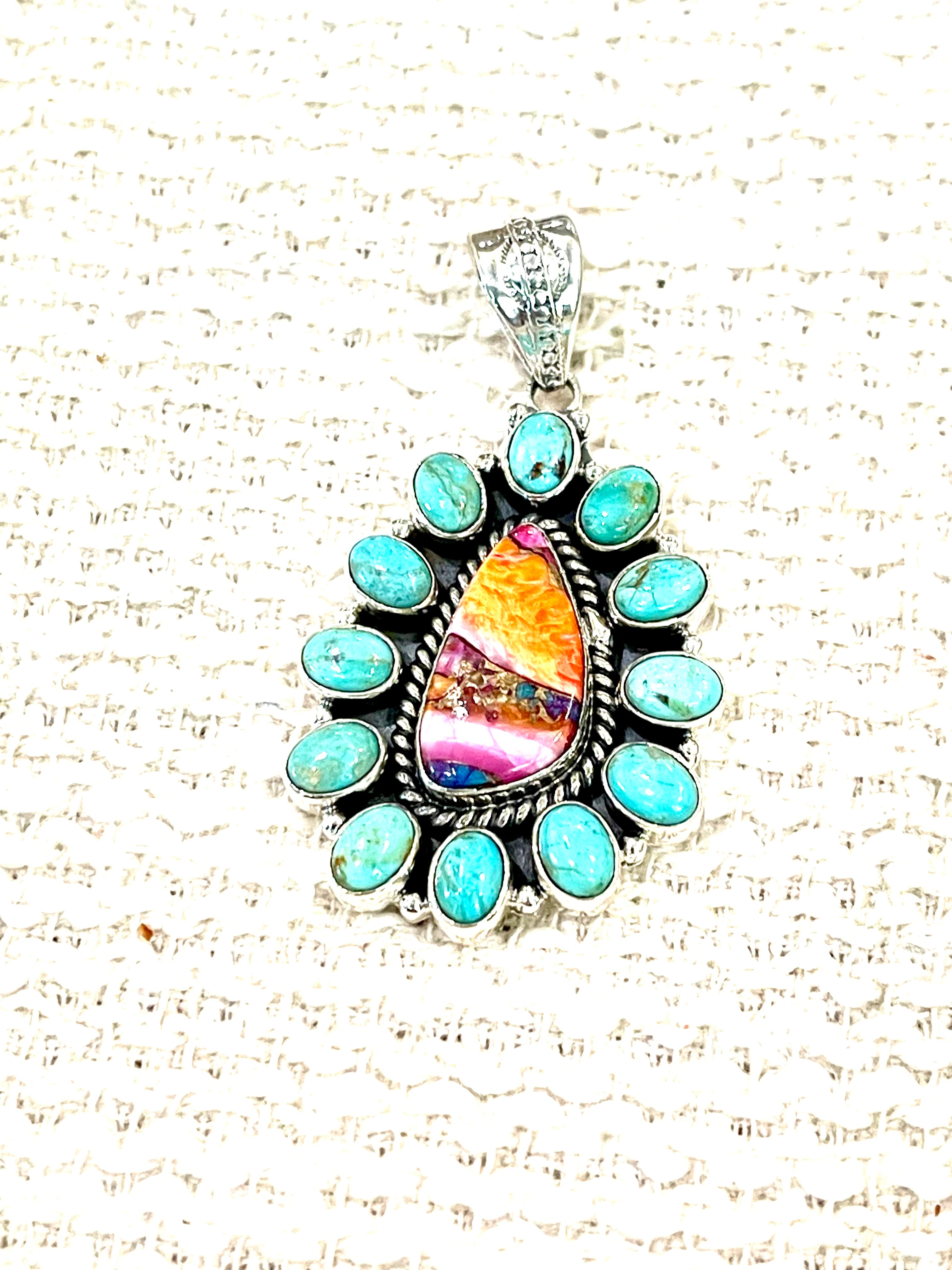 Handmade Sterling Silver,Turquoise & Pink Dream Mojave Cluster Pendant