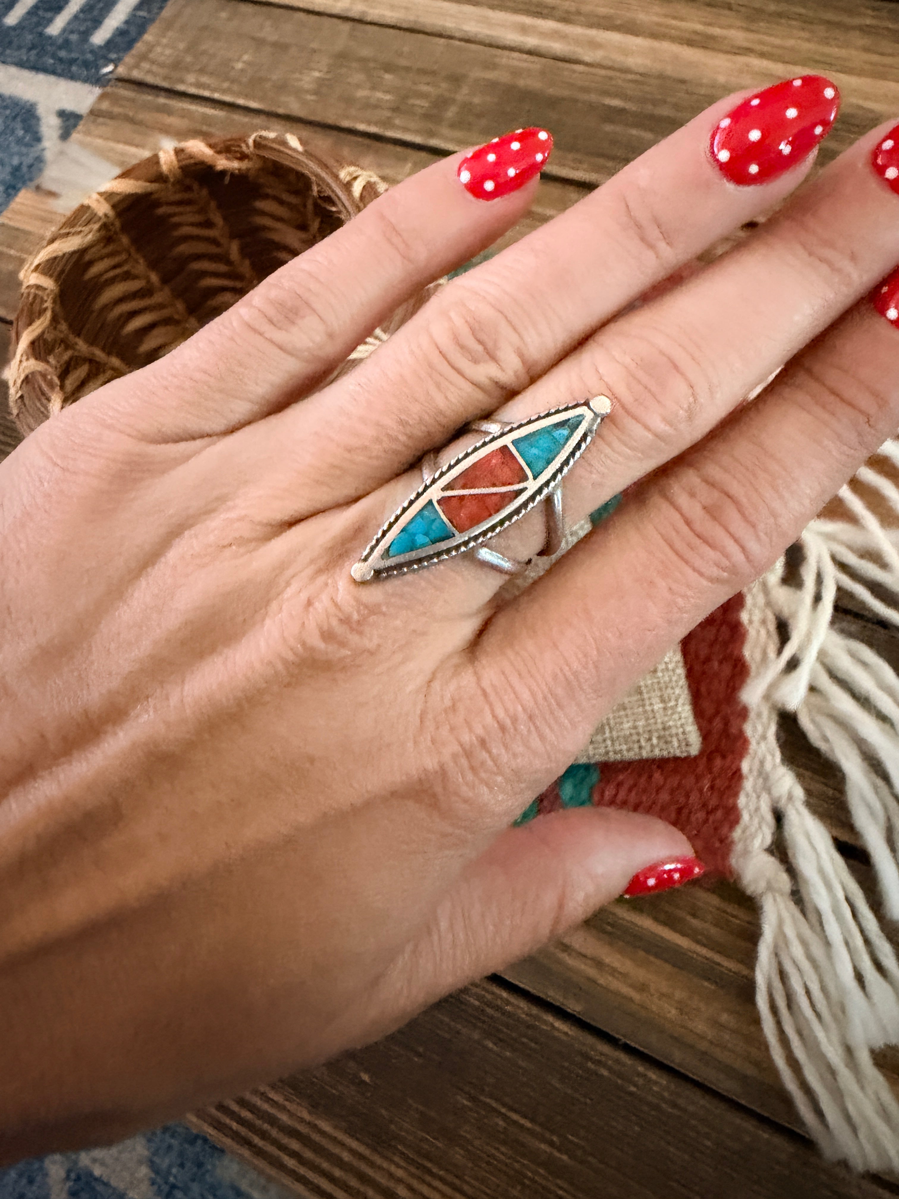 Old Pawn Handcrafted Turquoise, Coral & Sterling Silver Chip Inlay Ring Size 5