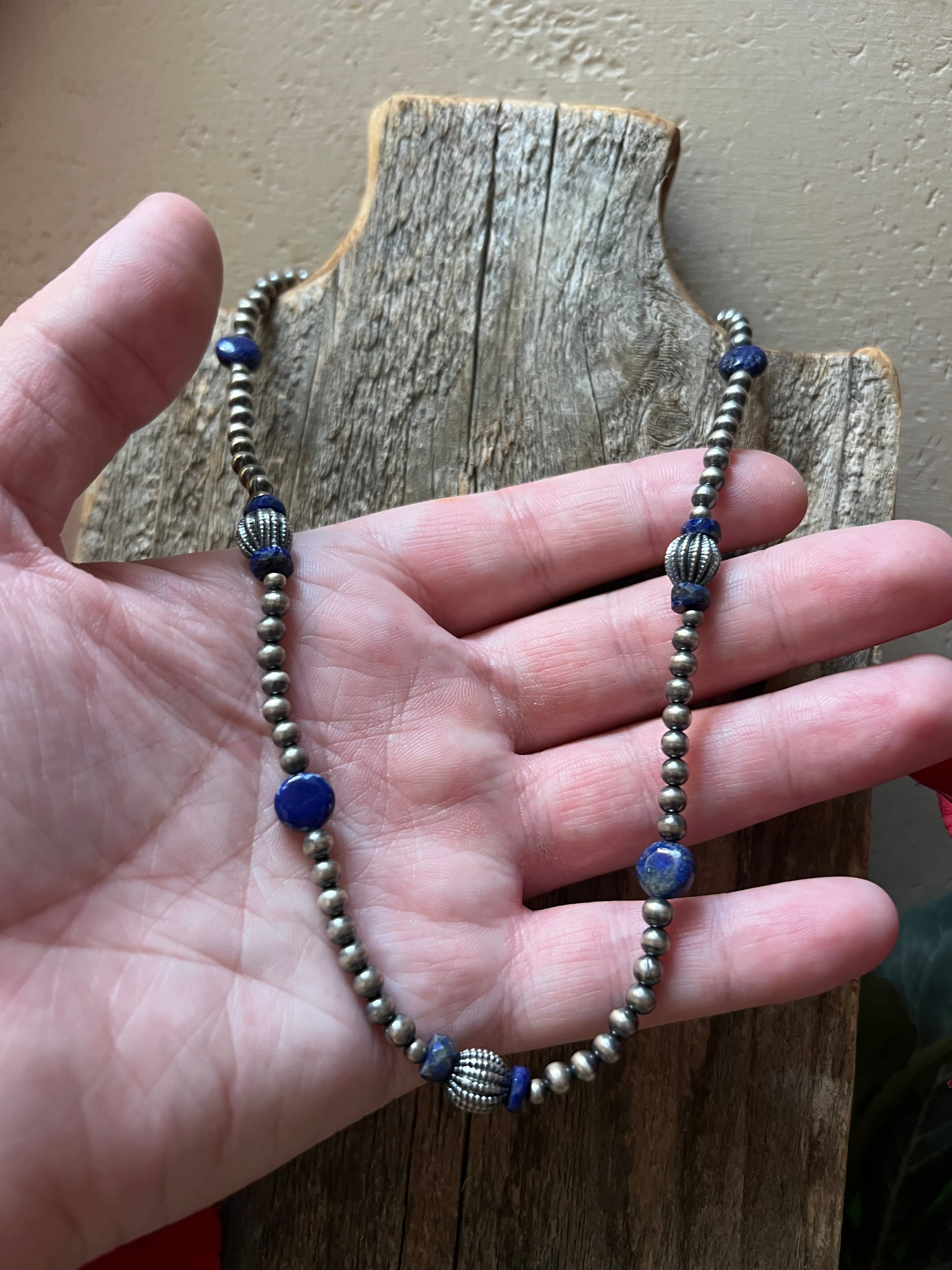 Handmade Lapis & Sterling Silver Beaded Necklace