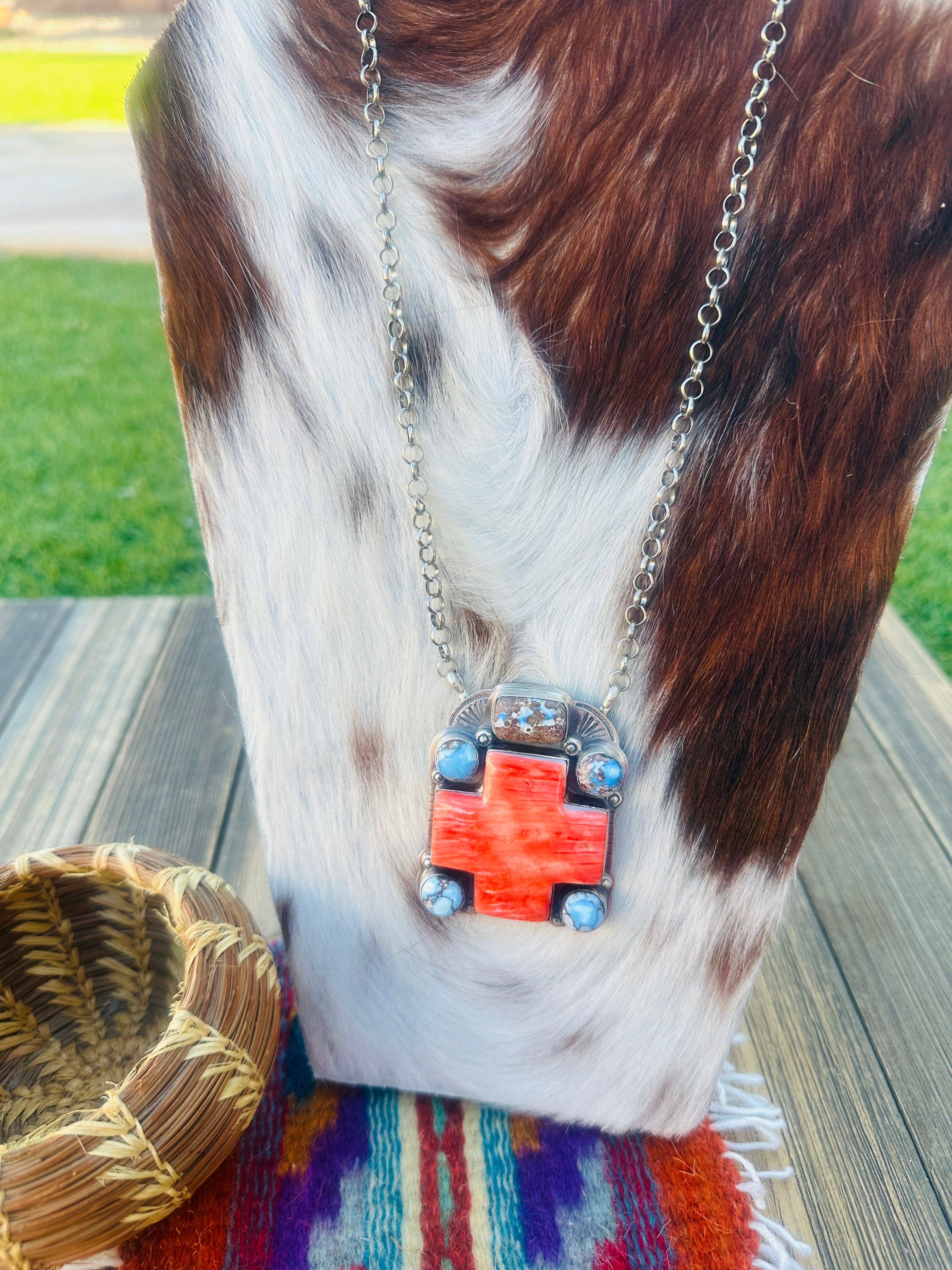 Handcrafted Spiny Oyster, Turquoise & Sterling Silver Cross Necklace
