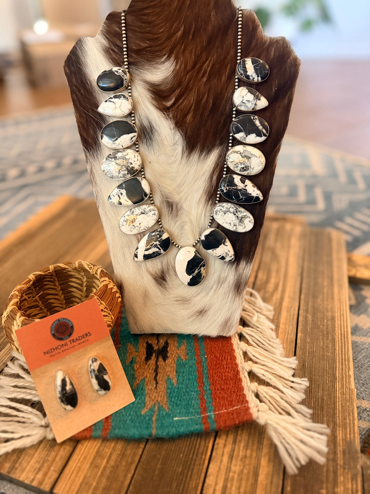 Handcrafted White Buffalo & Sterling Silver Necklace and Earring Set by Larry Kaye