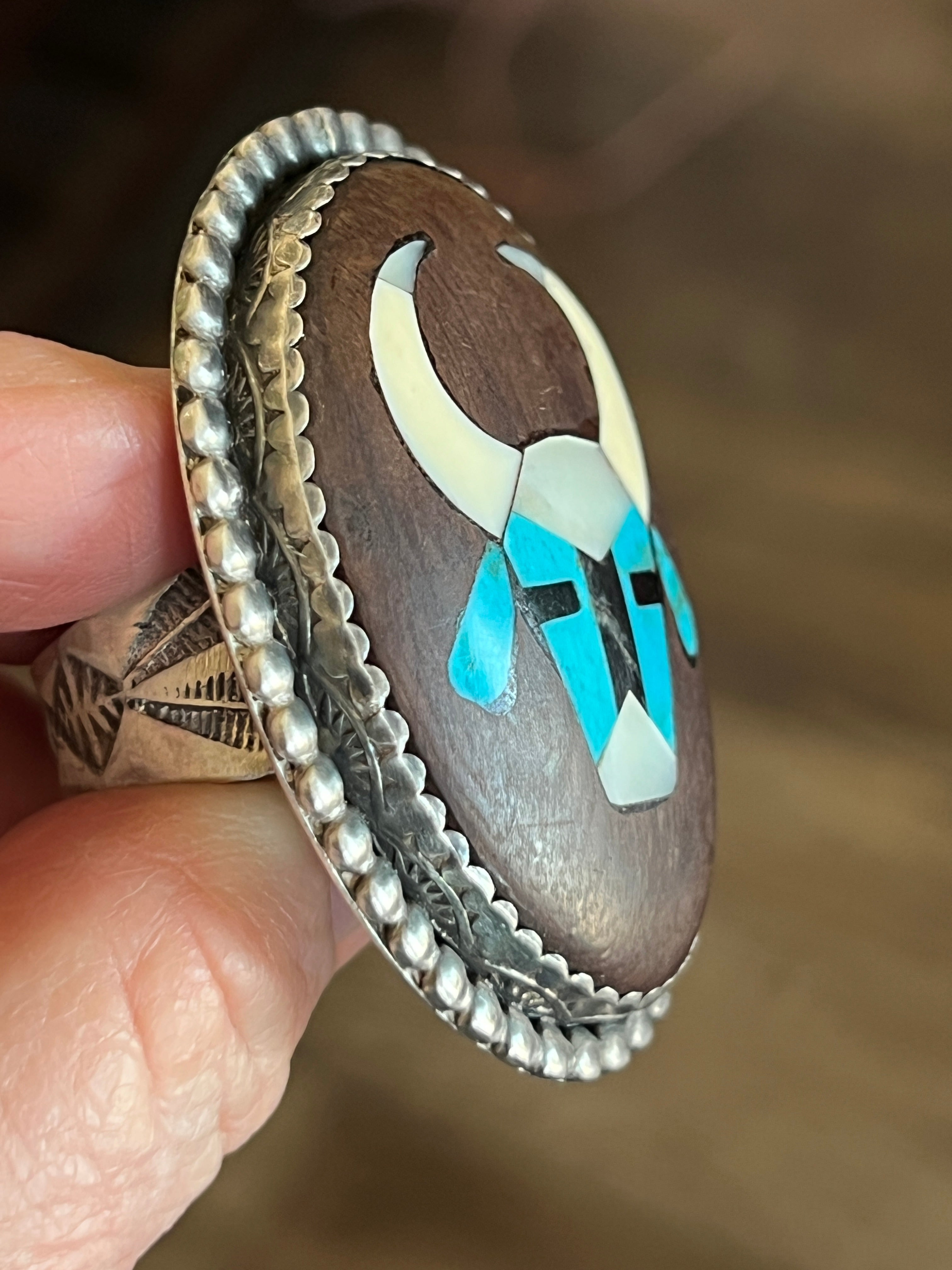 Vintage Sterling Silver and Wood Ring with Turquoise and Mother of Pearl Inlay Steer Head, Size 10.5