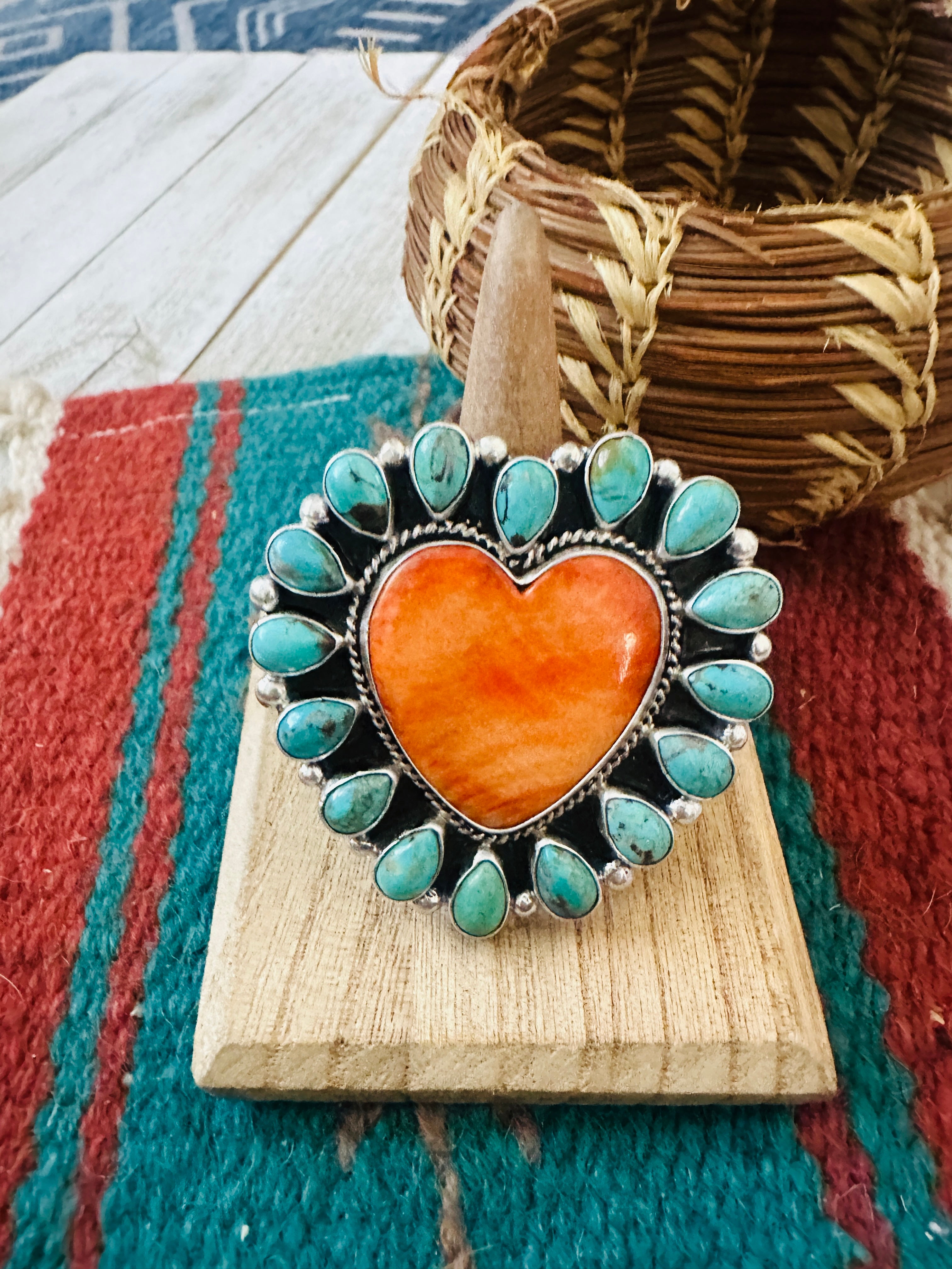 Handcrafted Sterling Silver, Spiny & Turquoise Cluster Adjustable Heart Ring