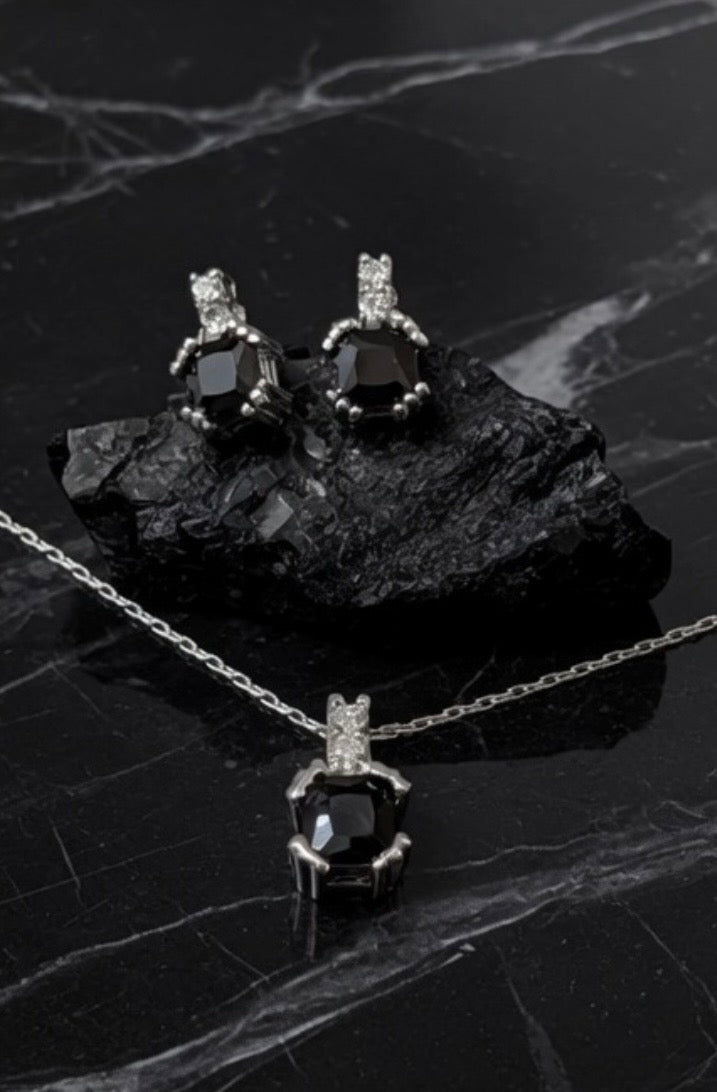 Sterling Silver Petite Black Spinel Gemstone Earrings & Necklace Jewelry Set
