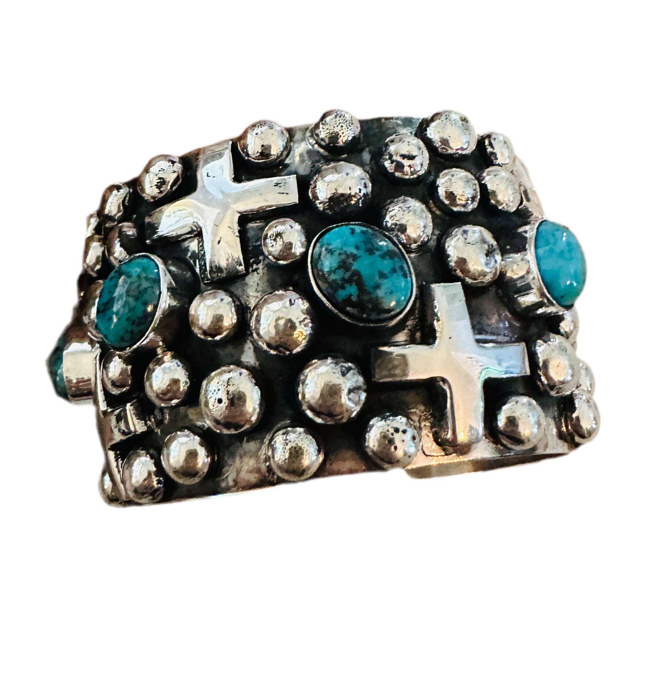 Handcrafted Turquoise & Sterling Silver Cross Cuff Bracelet By Chimney Butte w/ Matrix /