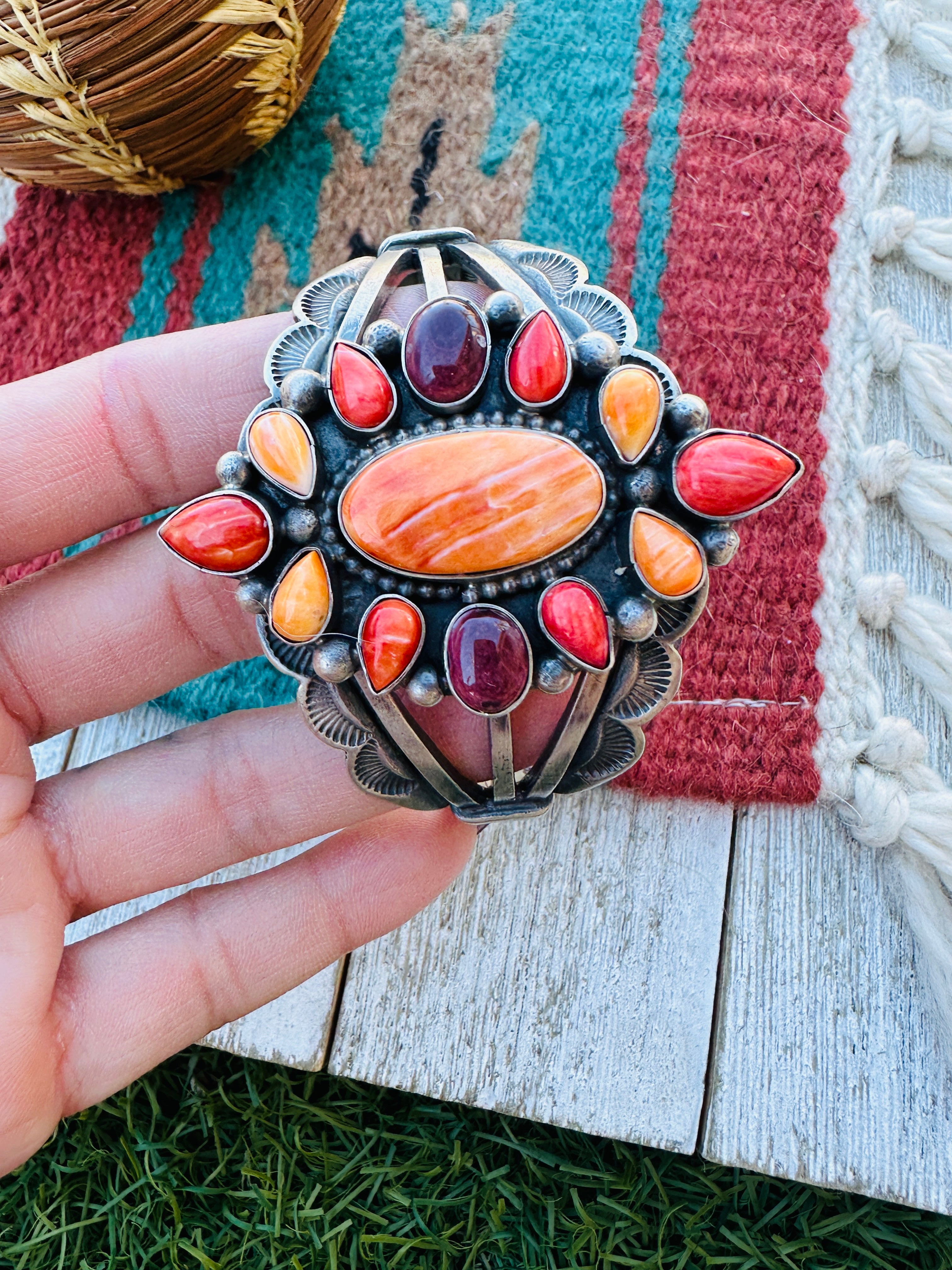 Handcrafted Sterling Silver & Spiny Oyster Cluster Cuff Bracelet